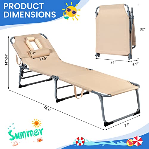 HAPPYGRILL Beach Lounge Chair with Face Hole, Outdoor Tanning Chair Sunbathing Chair with Adjustable Backrest Removable Pillow, Folding Recliner for Beach Pool Patio Backyard