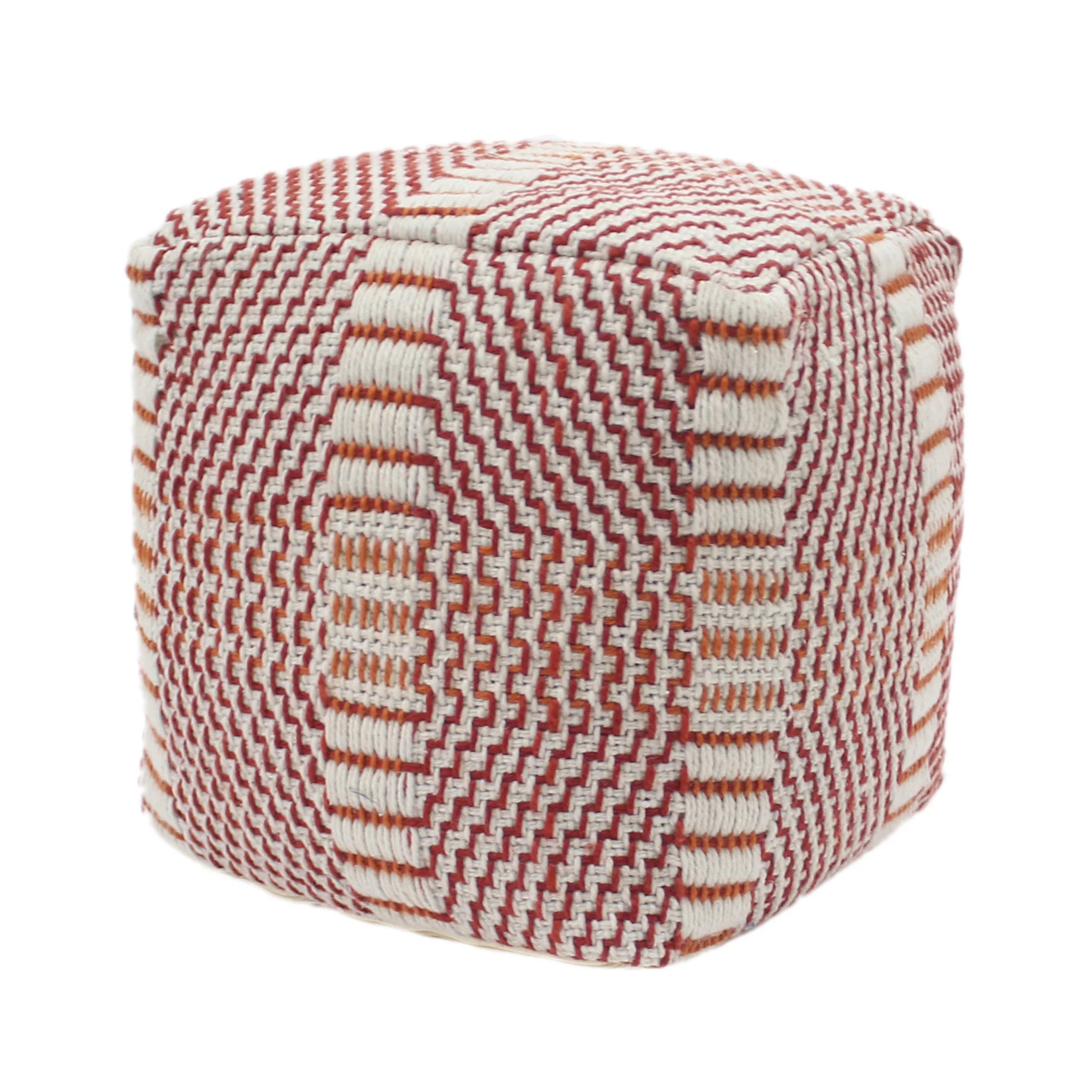 Dexter Bay Outdoor Handcrafted Boho Water Resistant Cube Pouf, Red and Orange