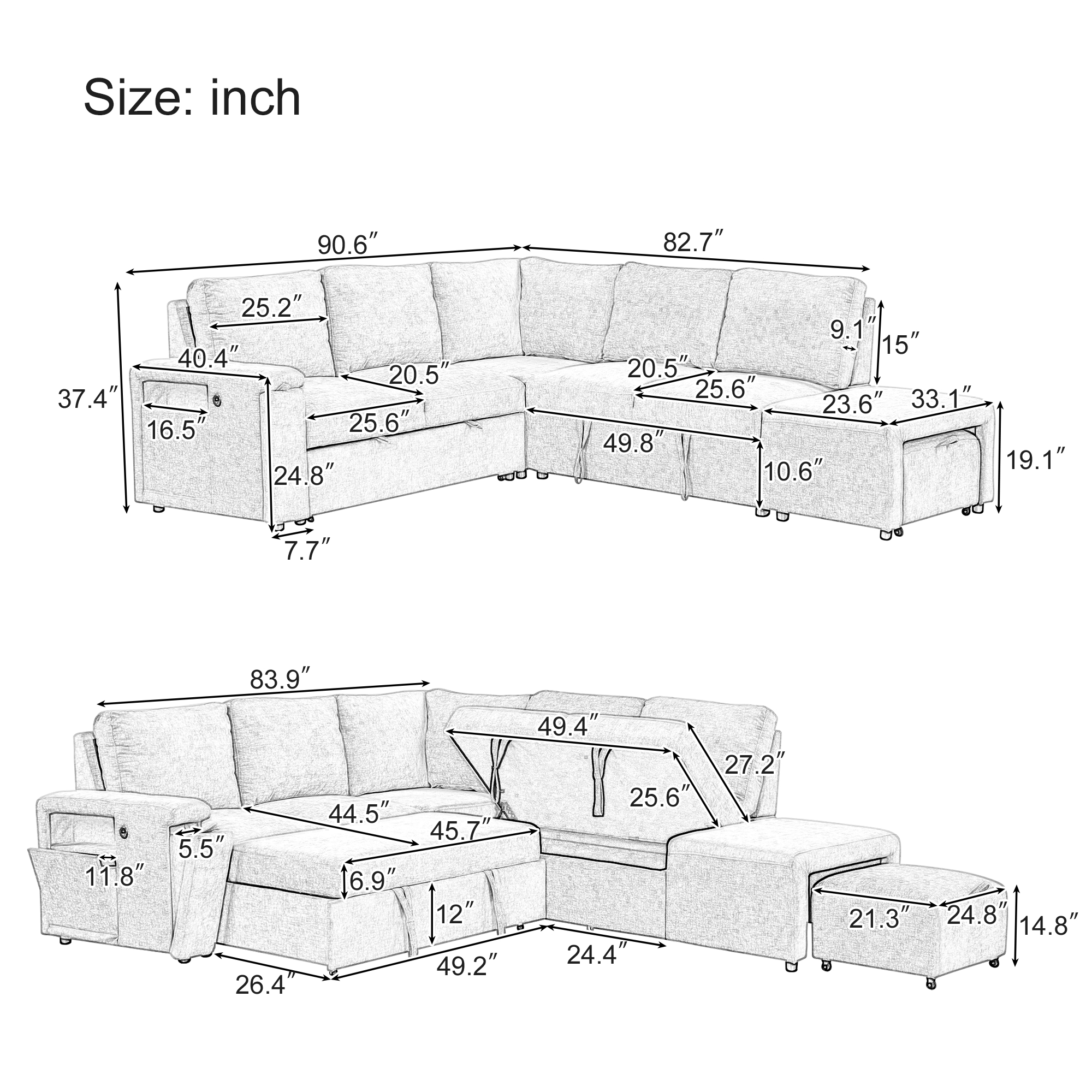 Modular Sectional Sleeper Sofa with Pull Out Bed,Chaise and Storage Ottoman,6 Seater L Shaped Sectional Couch with Storage Space,USB Ports and Cup Holders on the Armrests for Living Room,Grey Couch
