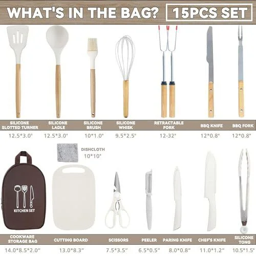Camping Silicone Kitchen Utensils Cooking Equipment Brown Cooking Set 15pcs
