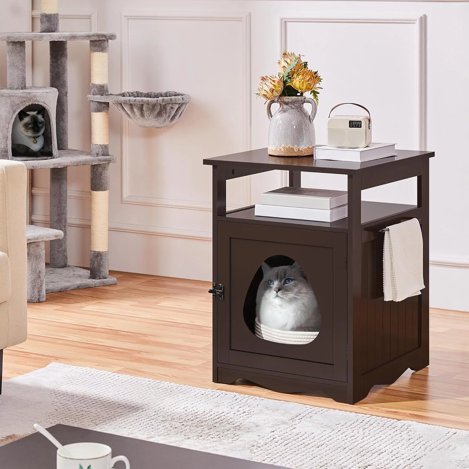 Cat Litter Box Enclosure, Hidden Cat Washroom Furniture, Lockable Pet Side Table with Wooden Structure Open Shelf, Decorative Pet House for Bathroom/Living Room Espresso