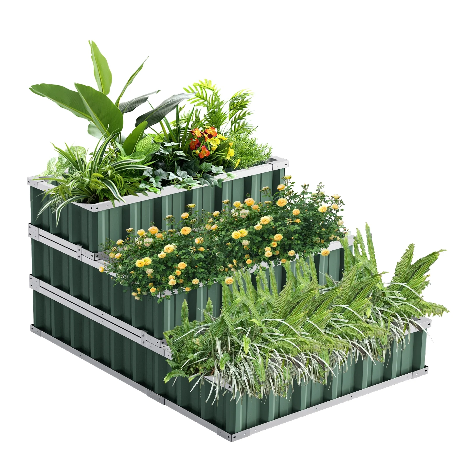 FICISOG 3 Tiers Raised Garden Bed, Large Galvanized Metal Outdoor Patio Garden Elevated Planter Box - 3 DIY Methods - Patio Planting Container for Deep-Rooted Plants Vegetables Flowers