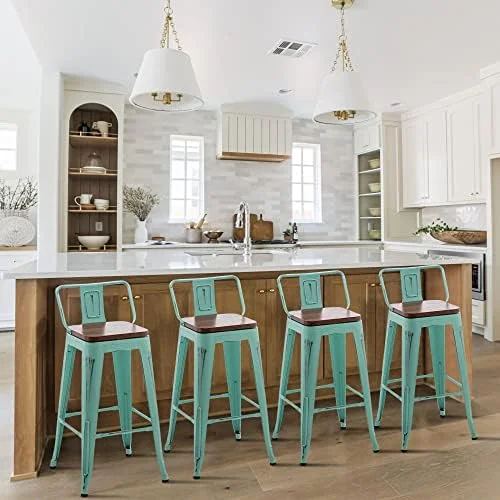 HBBOOMLIFE Stool Metal  Stools Set of 4 Industrial Counter Height  Stools White  Distressed Swivel  Stools with Back and Wooden Seat 26"  Stools Counter Height