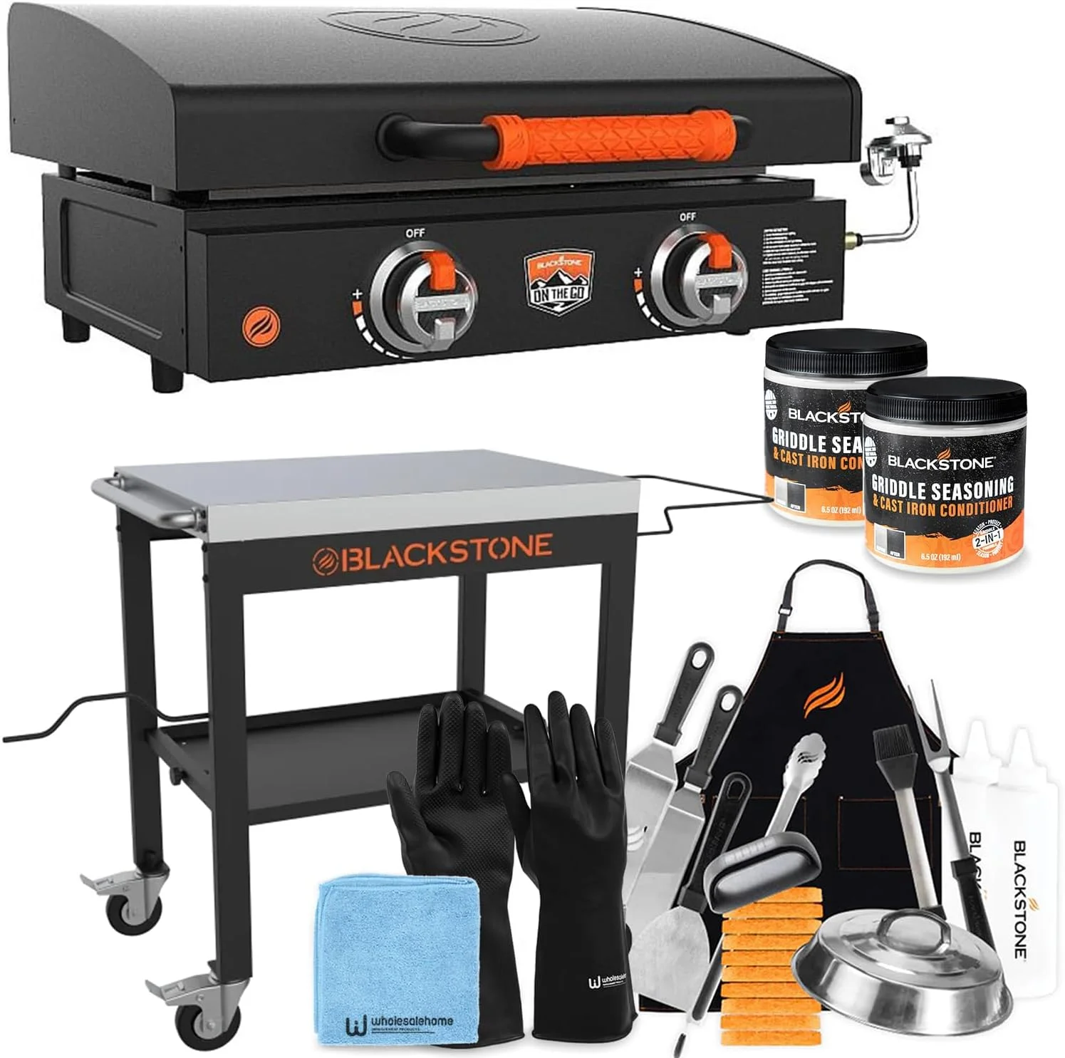 22 Inch Blackstone Griddle with Lid, Nonstick On The Go Tabletop Gas Griddle Outdoor Grill Combo with Blackstone Portable Prep Table, Blackstone Accessories, Seasoning and Wholesalehome Gloves & Cloth