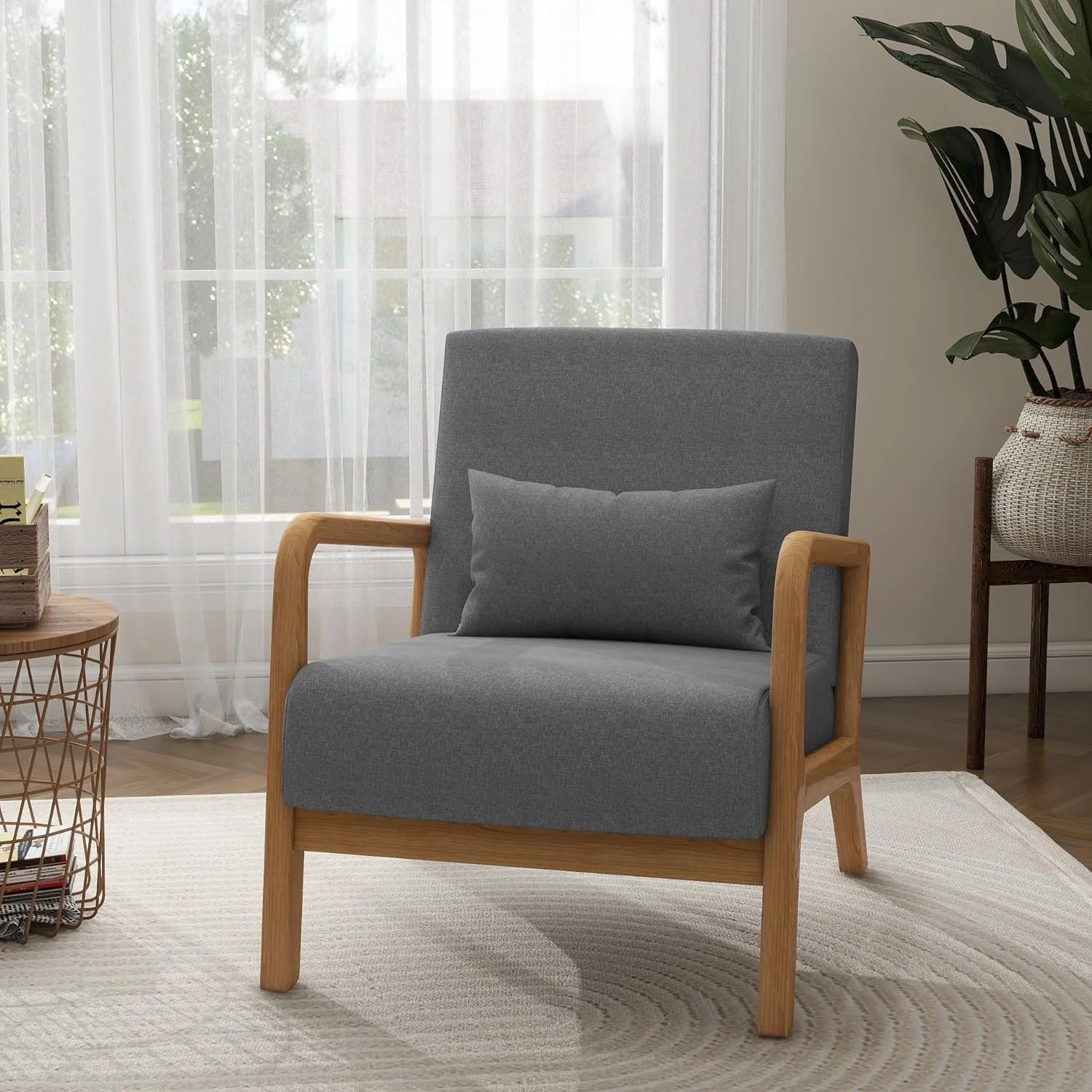 MQLIFEBOOM Modern Accent Chair Mid Century Living Room Arm Chairs  Comfy Upholstered Armchair Solid Wood Single Sofa Lounge Reading Seat Bedroom Side Seating with Lumbar Pillow  Grey