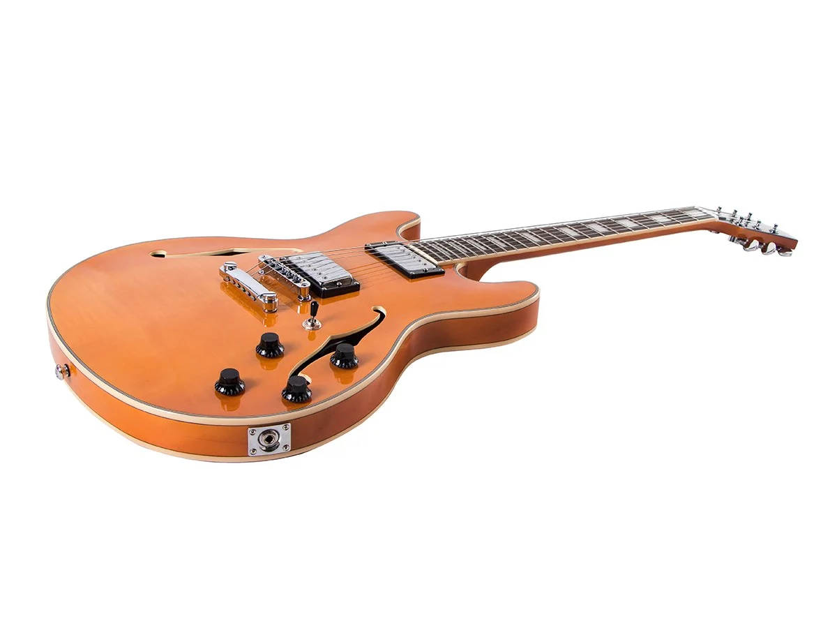 Monoprice Boardwalk Transparent Amber Hollow Body Electric Guitar with Gig Bag With Maple Body and Neck, Rosewood Fingerboard, and Gig Bag - Indio Series