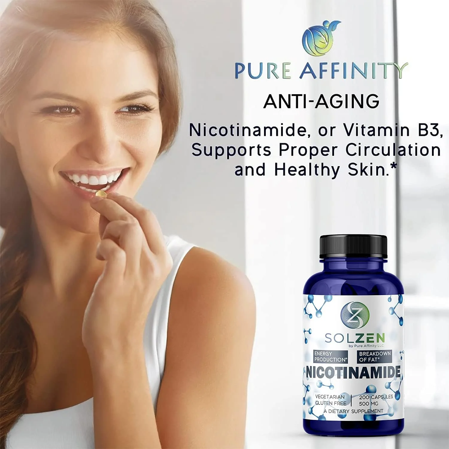 B3 Nicotinamide 500 mg Effective Flush-Free Niacin. Energy Booster, Cell Regenerator, That Supports Cognitive Decline, Anti-Aging and Helps Breaks Down Carbs & Fats (100 Count)