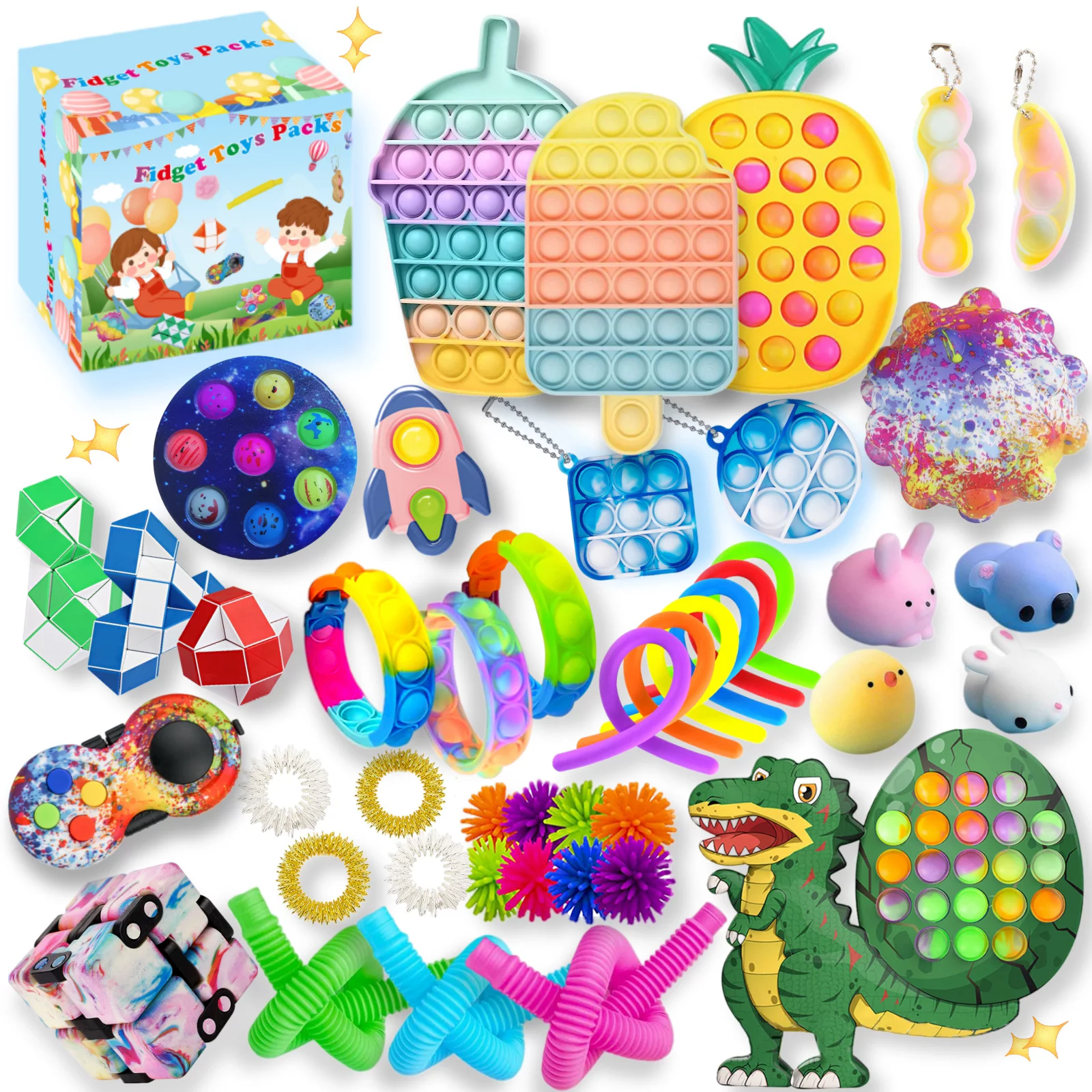 44 Pcs Sensory Fidget Toys Set Stress Anxiety Relief Assortment Toy with Rainbow Bubble Pop Stress Reliever Mini Squeeze Accessory