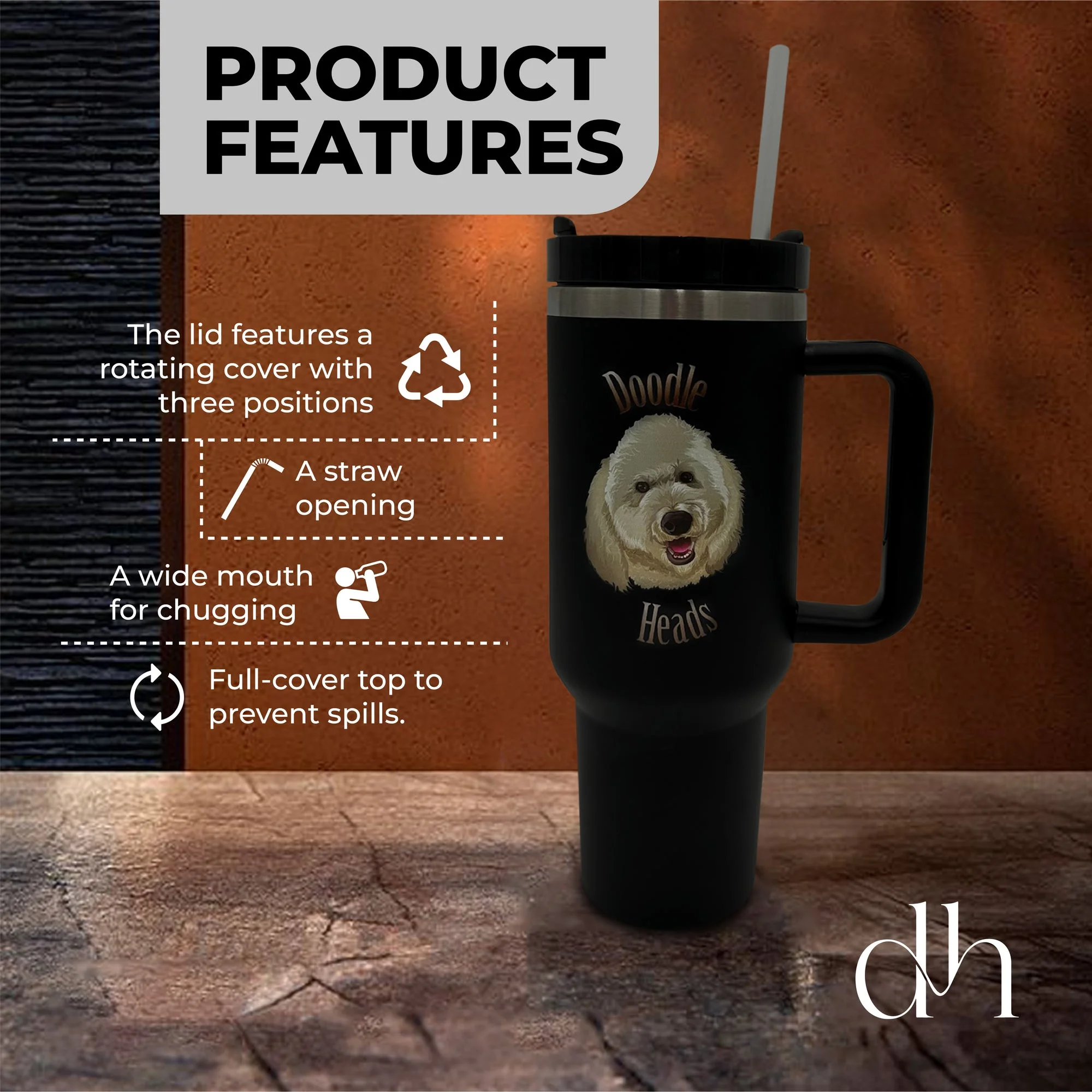 Stanley 40 Oz Doodle Heads Cup, Stainless Steel Vacuum Insulated Tumbler with Lid & Straw Travel Mug