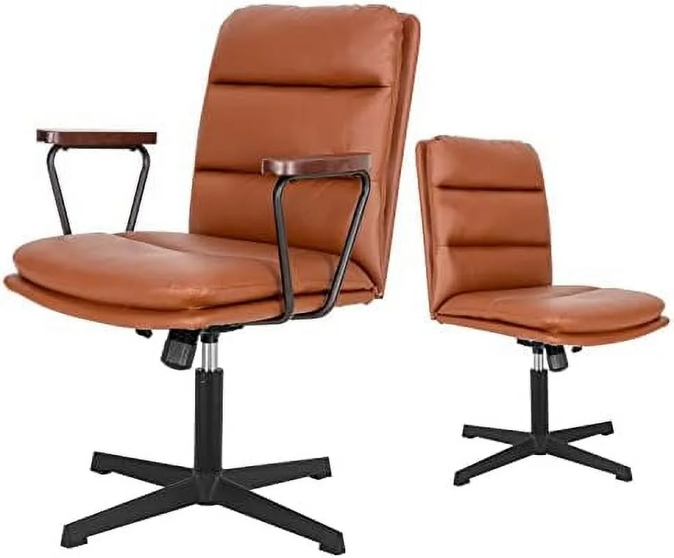 CGFHYP Office Desk Chair No Wheels  Criss Cross Chair with Detachable Wooden Armrests  Ergonomic Comfy Adjustable Computer Chair with Thicken Cushion  Cute Armless Swivel Task Vanity Chai