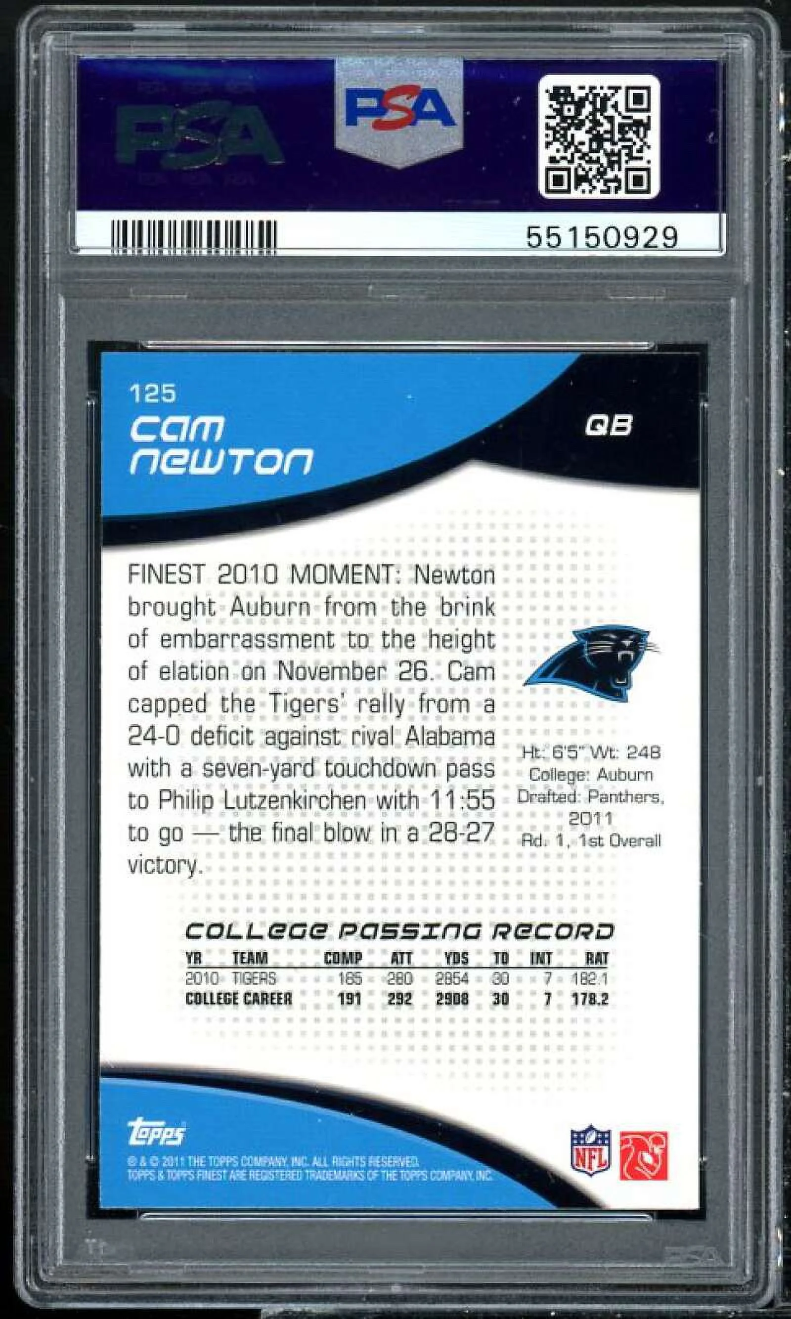 Cam Newton Rookie Card 2011 Finest #125 PSA 9