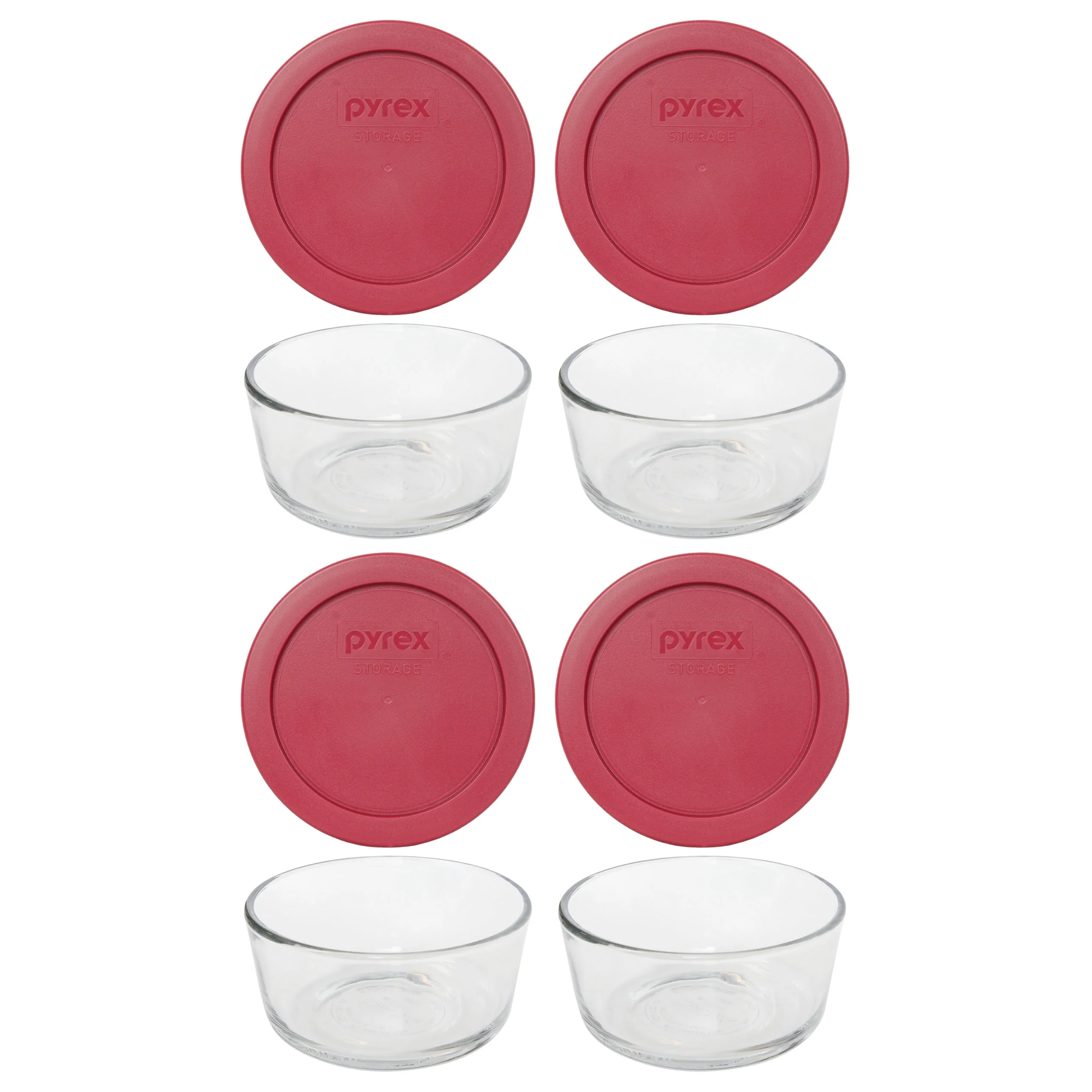 Pyrex 7200 2-Cup Glass Food Storage Bowl and 7200-PC Berry Red Plastic Lid (4-Pack)