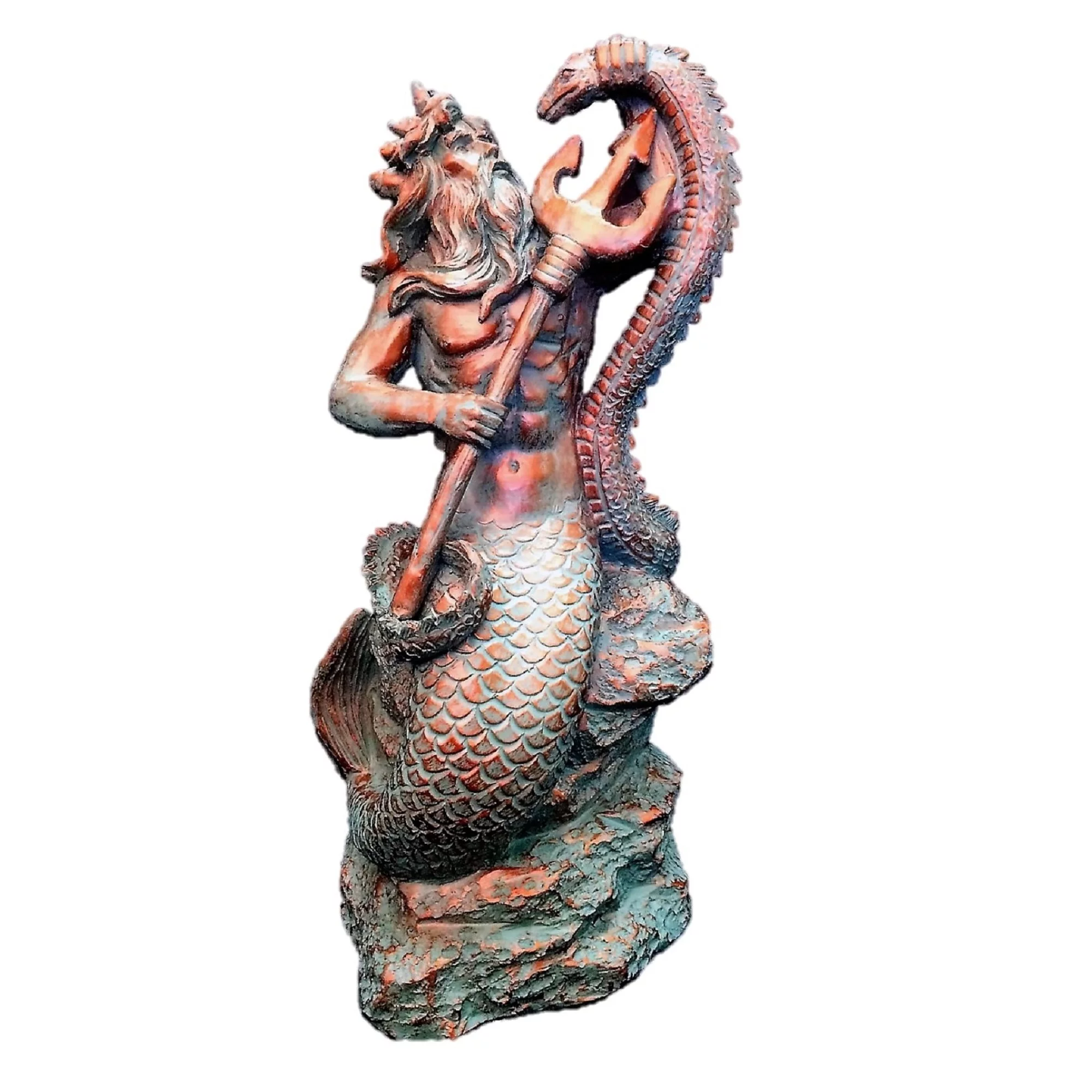 Homestyles 22 in. Bronze Patina Poseidon Ruler of Sea Sitting on Rock Nautical Beach Extra Large Mermaid Statue