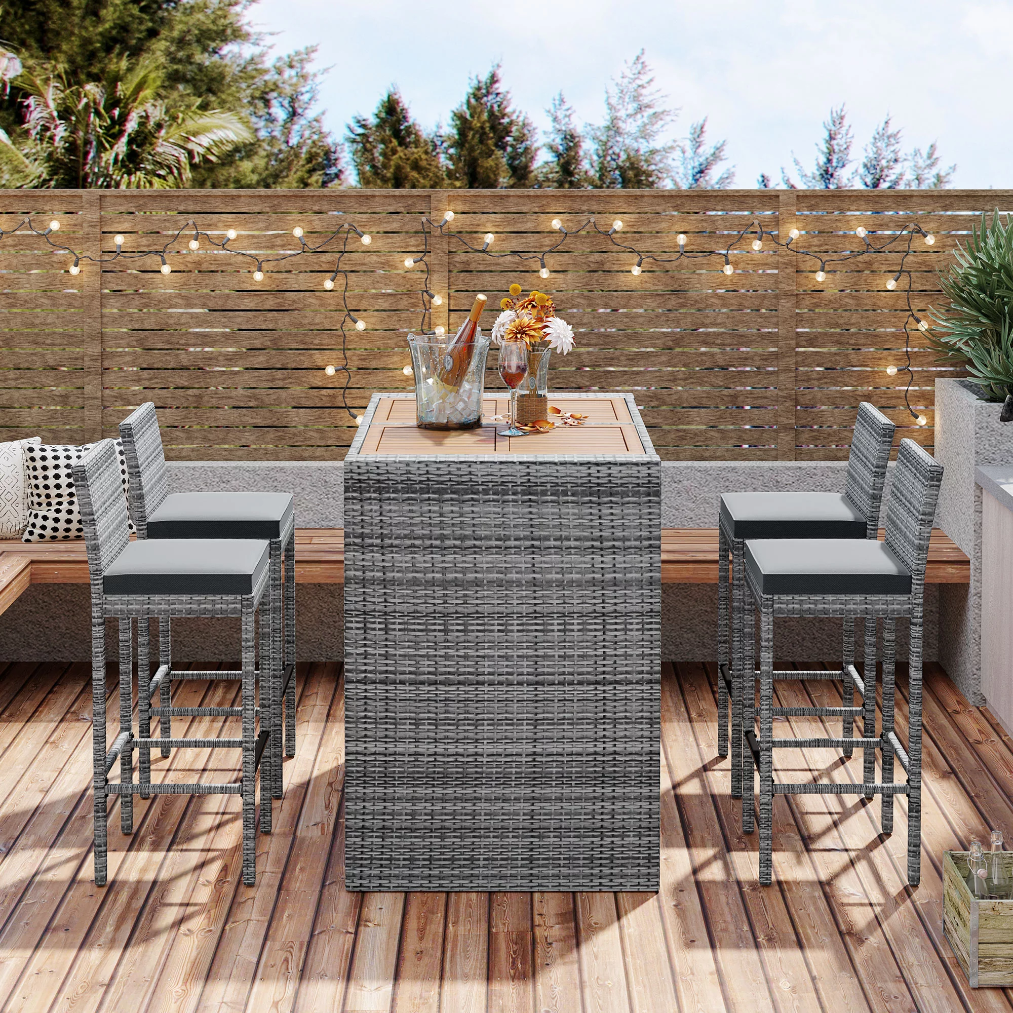 5PCS Outdoor Patio Wicker Bar Set, Garden PE Rattan Wicker Dining Set, One Acacia Wood Top Dining Table with 4PCS Ergonomic Backrests and Removable Cushion Hight Bar Stools Dining Set , Gray