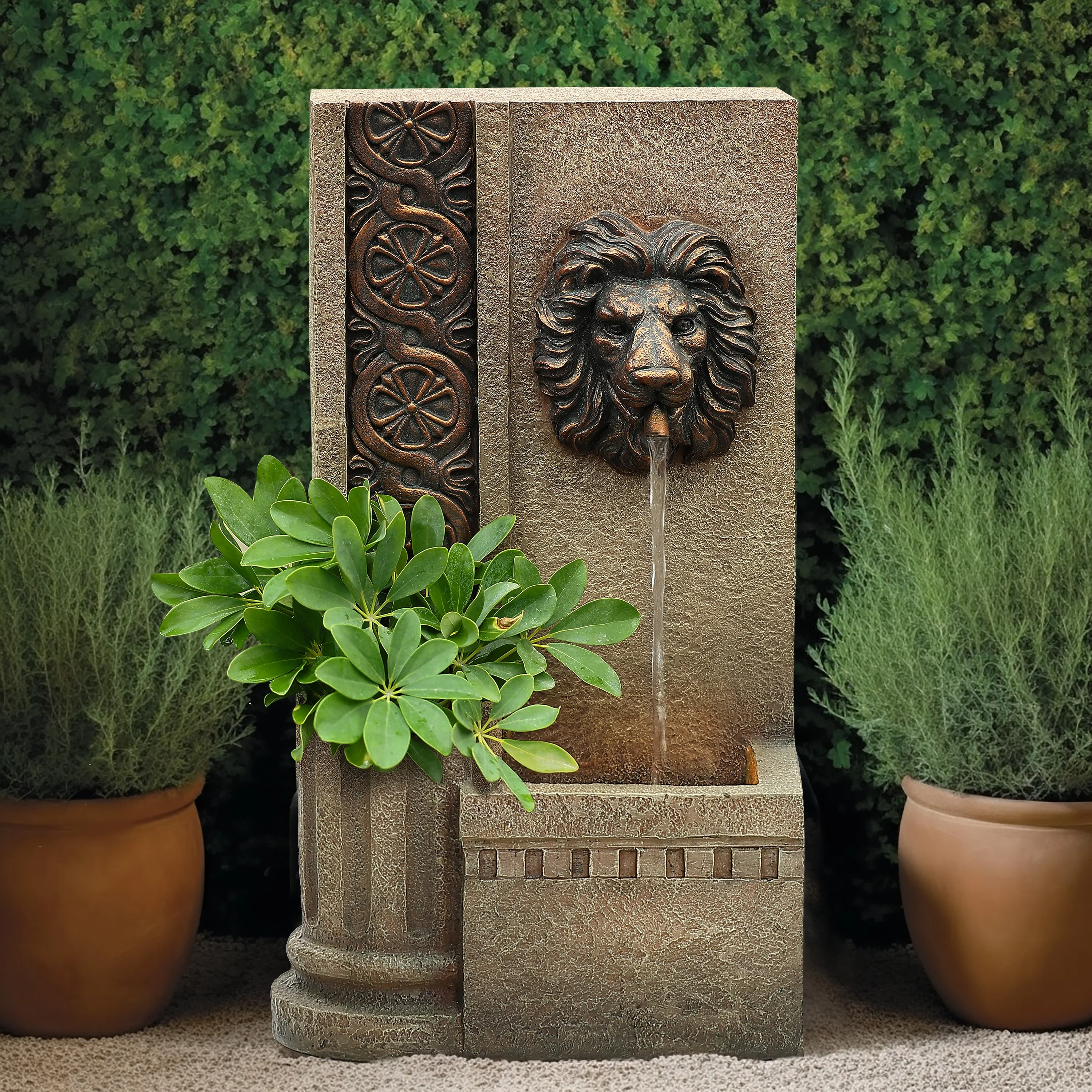 LuxenHome Sandstone Resin Regal Lion Head Outdoor Water Fountain with Lights
