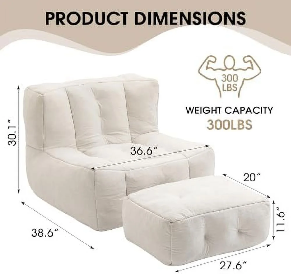 TJCGDTY Microfiber Upholstered Bean Bag Sofa  Stuffed Bean Bag Couch with Footstool  Button Tufted Lazy Sofa  Memory Foam Stuffed Accent Sofa Chair for Living Room  Bedroom (Black)