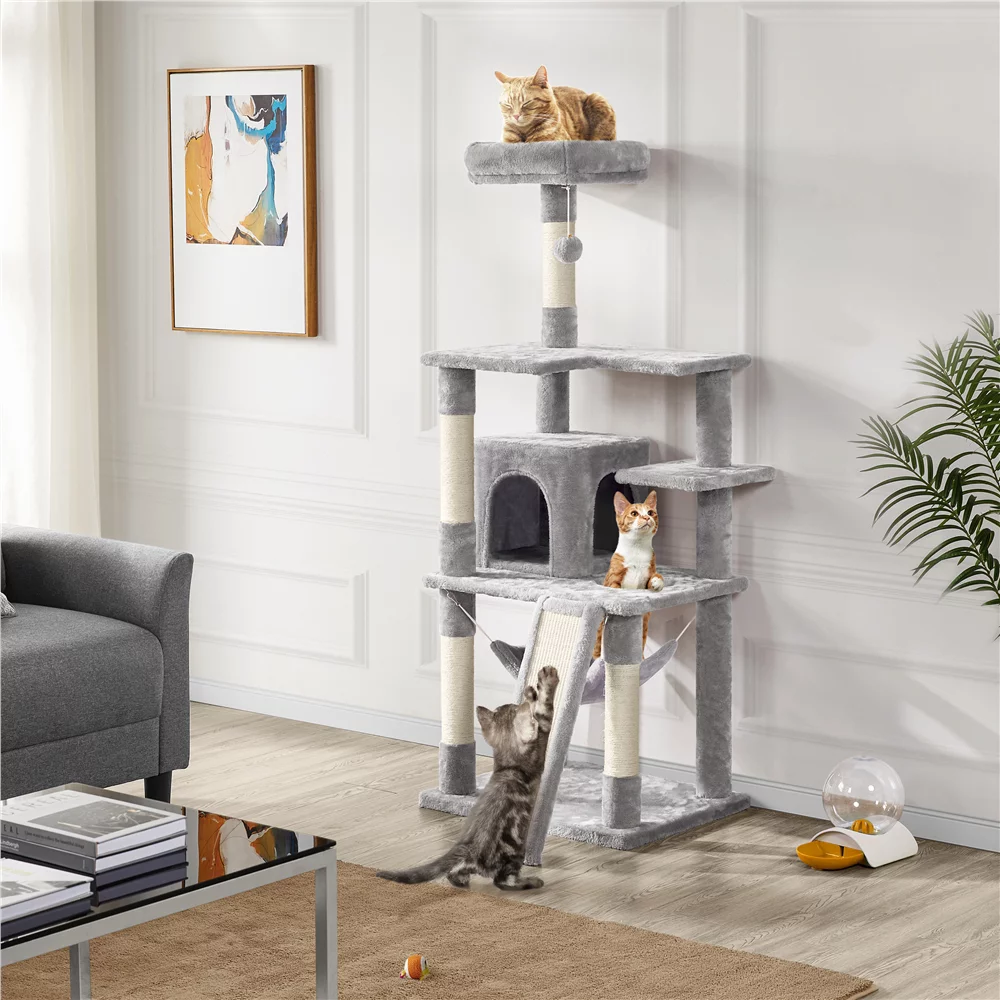 Topeakmart 60.5-in Multilevel Cat Tree Condo Scratching Posts with Hammock Top Perch, Light Gray
