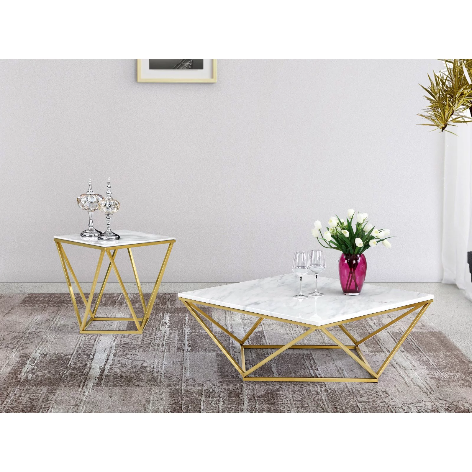 Meridian Furniture Mason Genuine Marble End Table in Gold