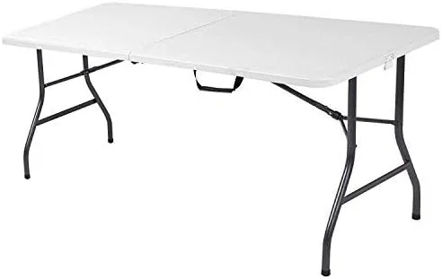 6 Foot Plastic Folding Table - Folds in Half with Carrying Handle Rectangular - Lightweight and Portable - White Resin with Sturdy Steel Frame