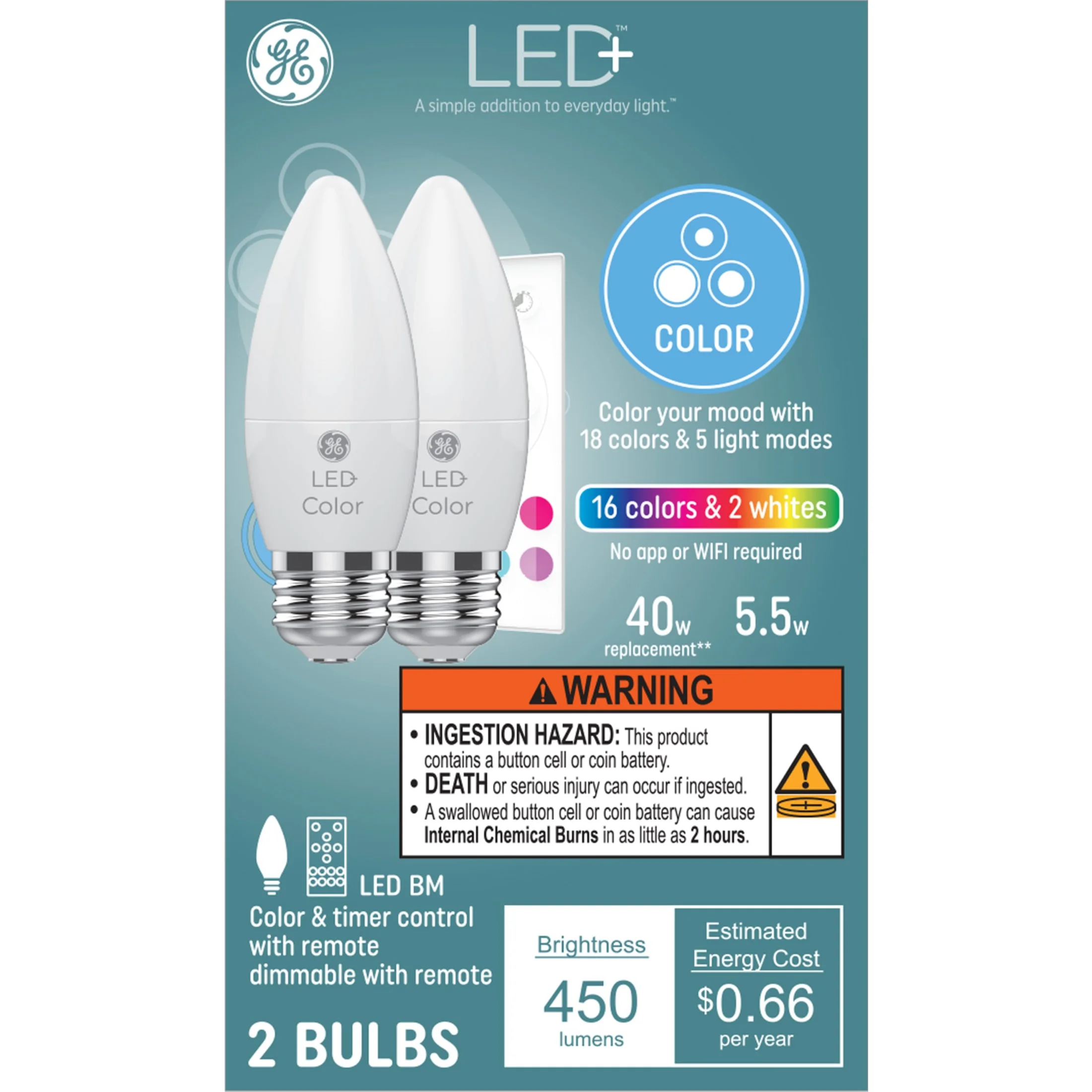 GE LED+ Color Changing Candle Light Bulb, 60 Watts, Decorative Light Bulb with Medium Base, 2pk CA