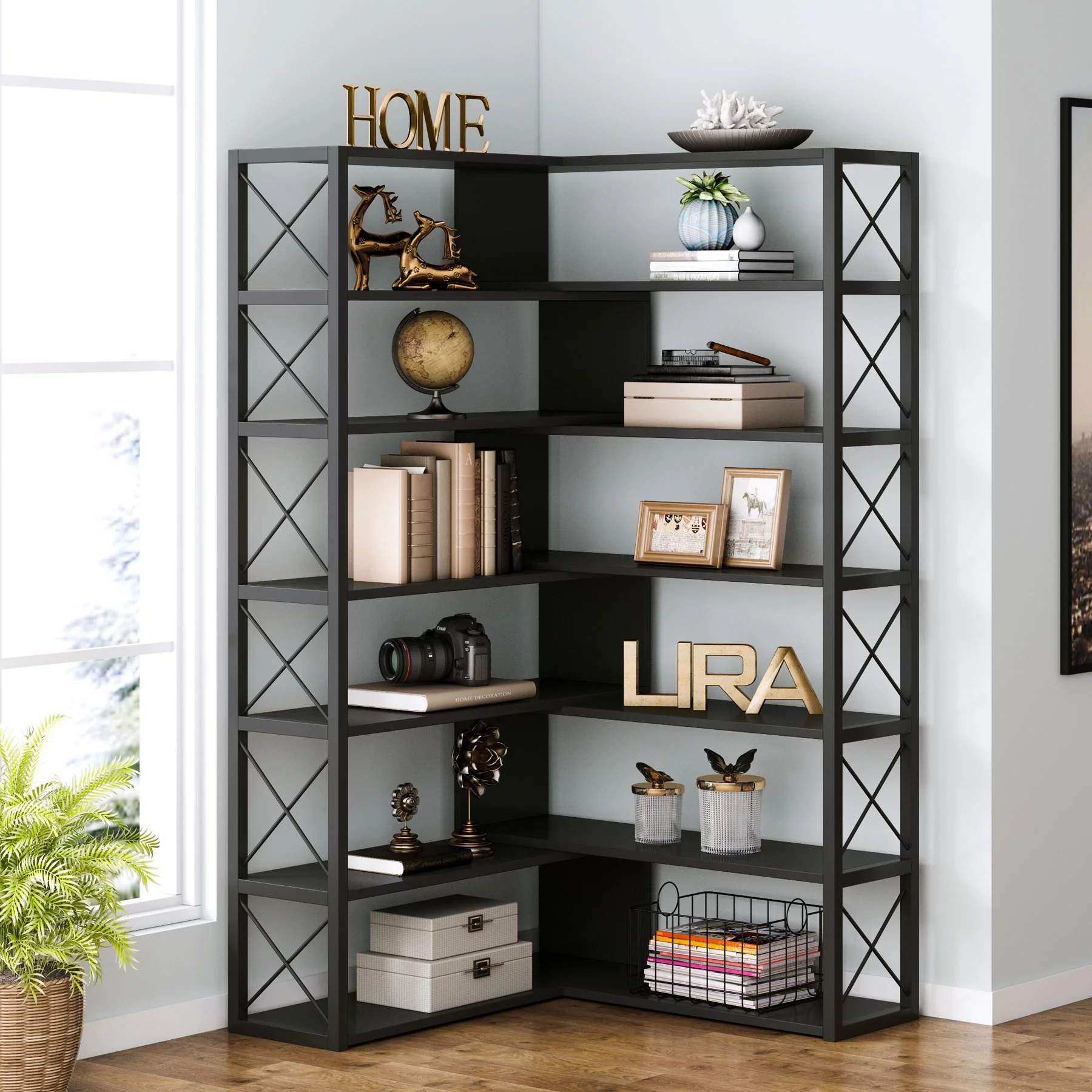 Industrial 6-Tier Corner Bookshelf Etagere Bookcase Storage Rack