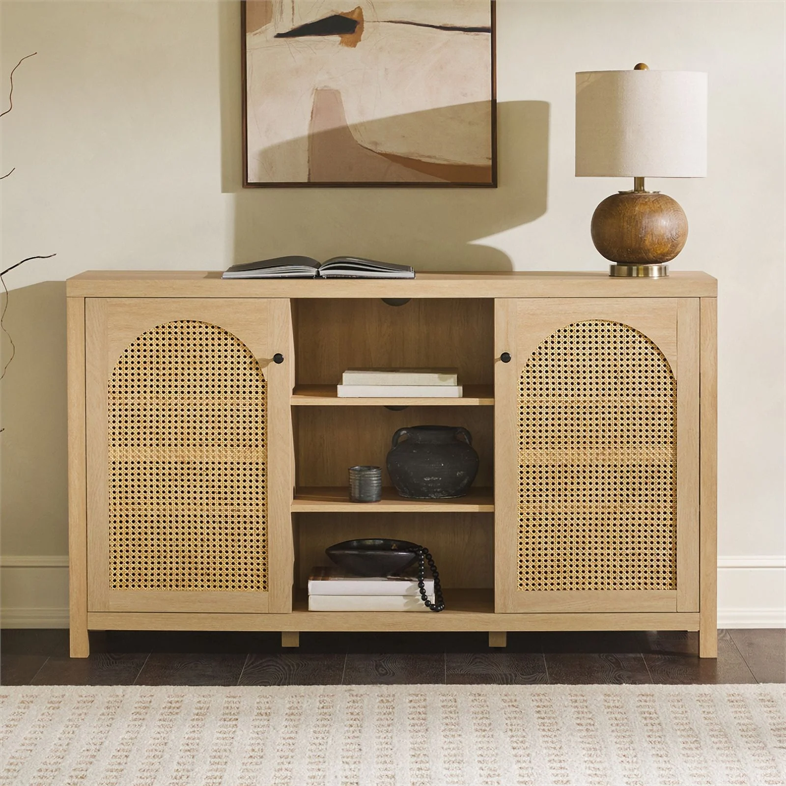 Pemberly Row Modern Arched Rattan 2-Door Wood Sideboard 58