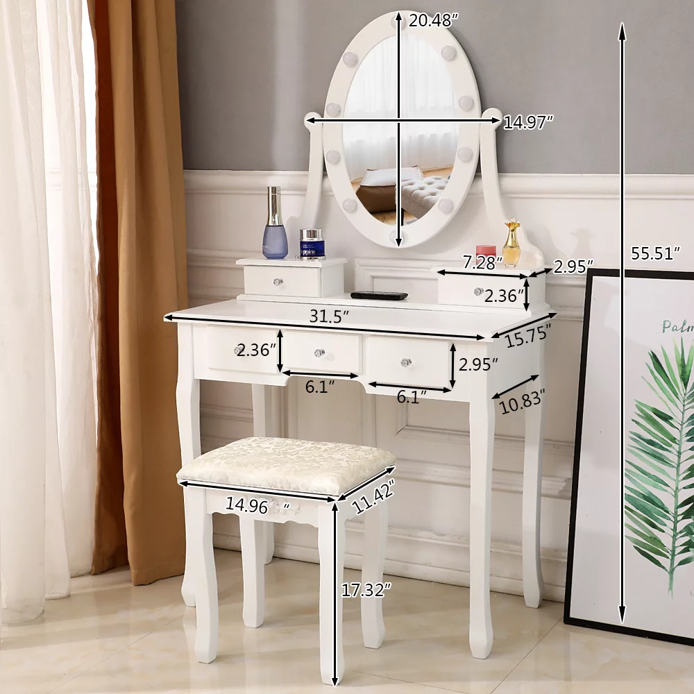 mlkhfap Vanity Table 10 LED Lights, 5 Drawers Makeup Dressing Desk with Cushioned Stool Set,Bedroom Vanities Set White