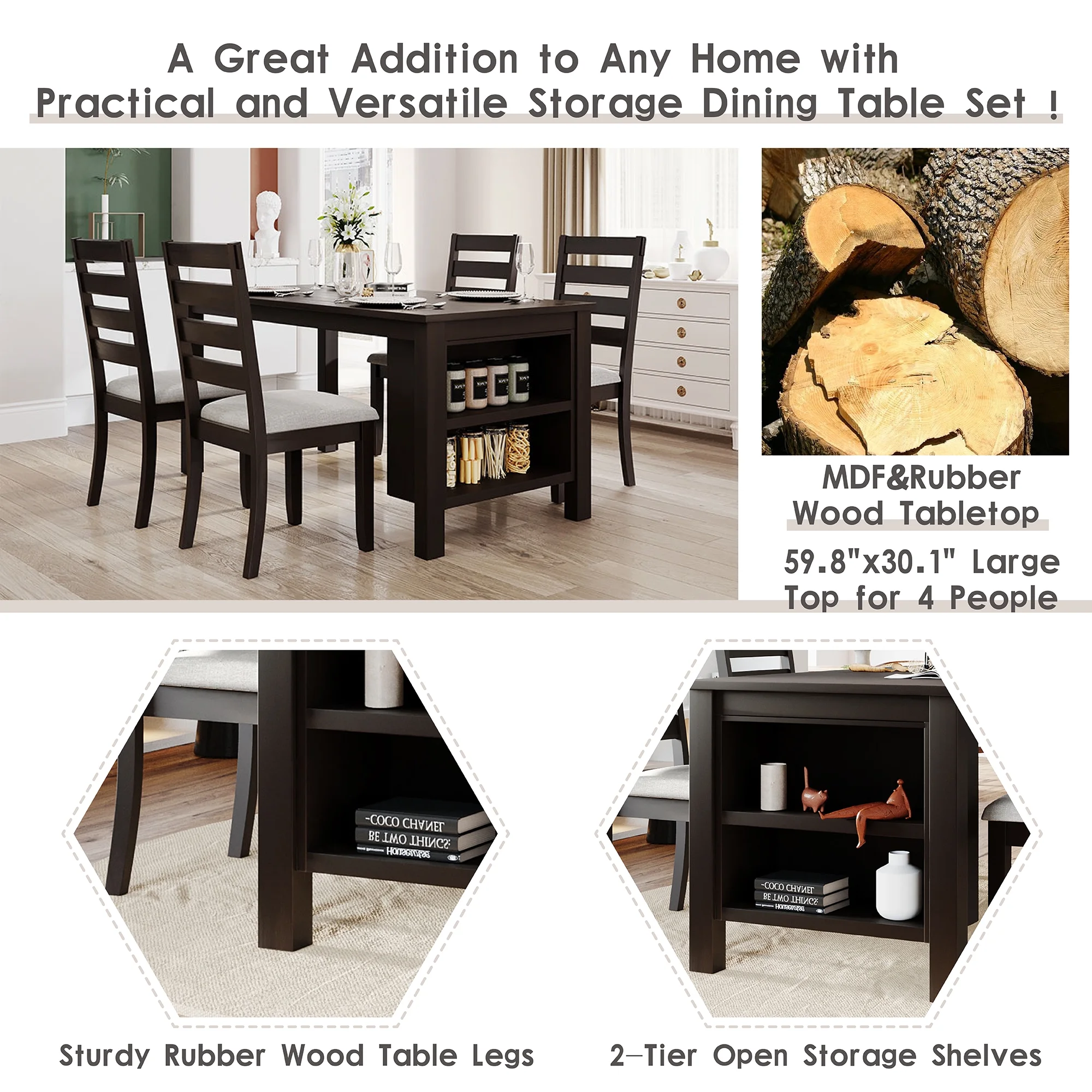 Churanty Farmhouse Wood 5 Pieces Dining Table Set with Storage Shelves,Kitchen Set for 4 with Padded Dining Chairs, Espresso