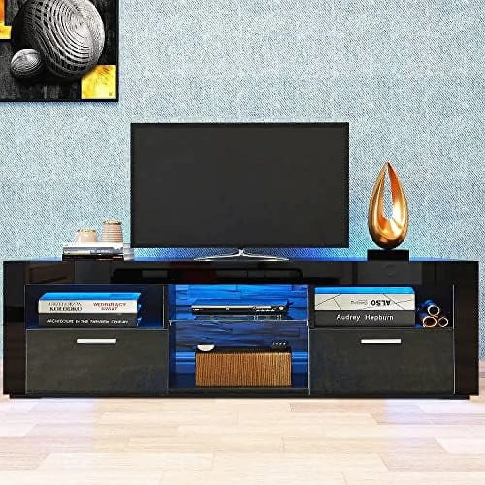 YPDCHB TV Stands 55 inch with 2  Drawer - Black TV Stand with LED Lights  TV Console Table Entertainment Center for 55+ inch Media Table  Television Stands for Living Room Bedroom