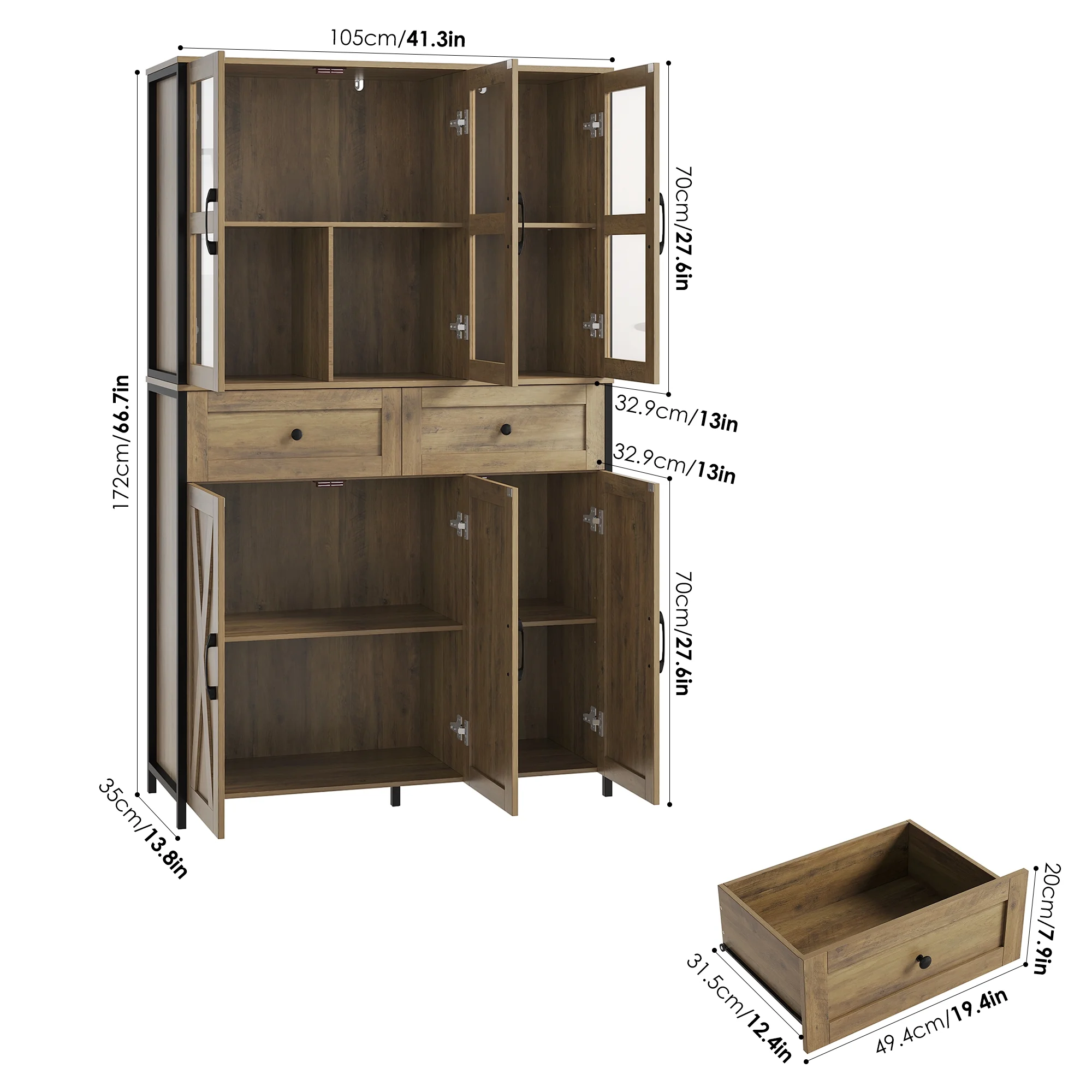 Homfa 6 Doors  2 Drawers Kitchen Storage Cabinet with Glass Doors & Metal Frame, Farmhouse Pantry Cabinet Wood Cupboard with Adjustable Shelves, Brown