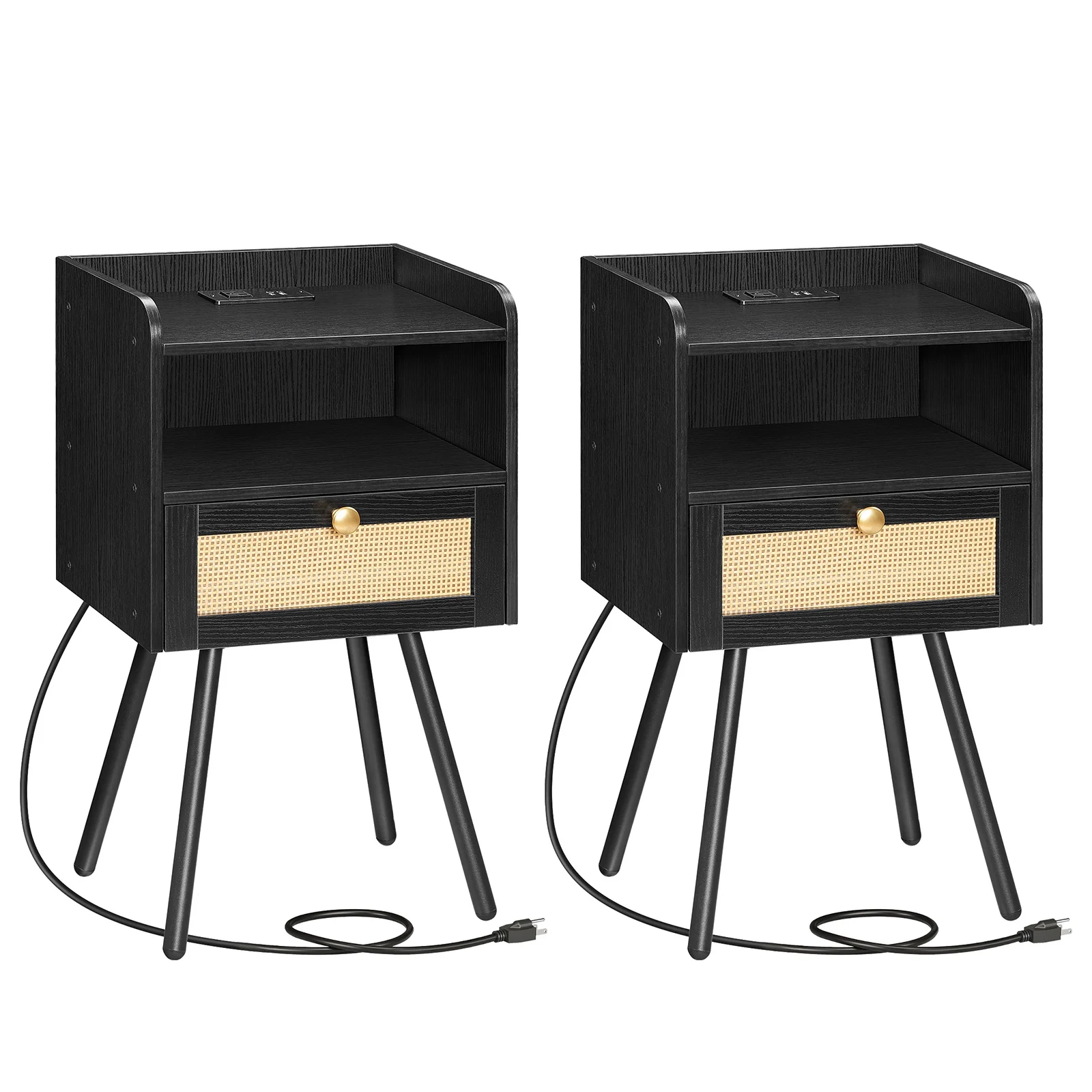 HOOBRO Set of 2 Nightstand Modern End Table Flip-Down Drawer Rattan Bedroom Office Study Room Black BB92UBZP201