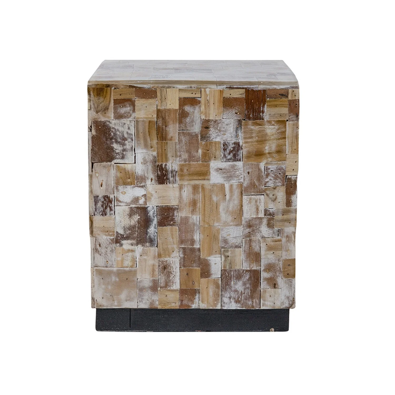 Benjara  19 in. Resin Patchwork Style Design Square Side End Table Stool, Brown & Black