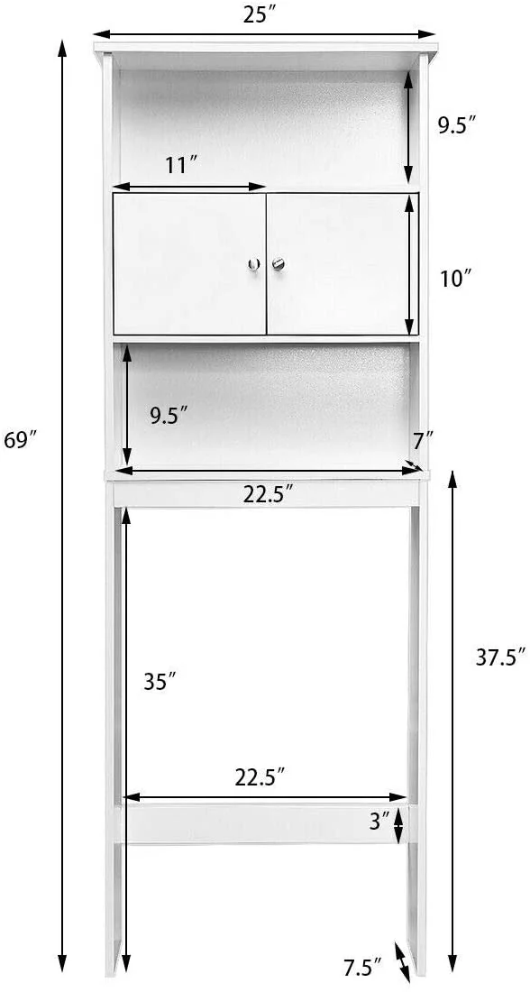 Over The Toilet Storage Cabinet w/Three-Layer Shelf & Two Doors, Landing Over Toilet Space Saver, Home Compact Wooden Tower Rack, Freestanding Bathroom Organizer, Easy Assembly, White