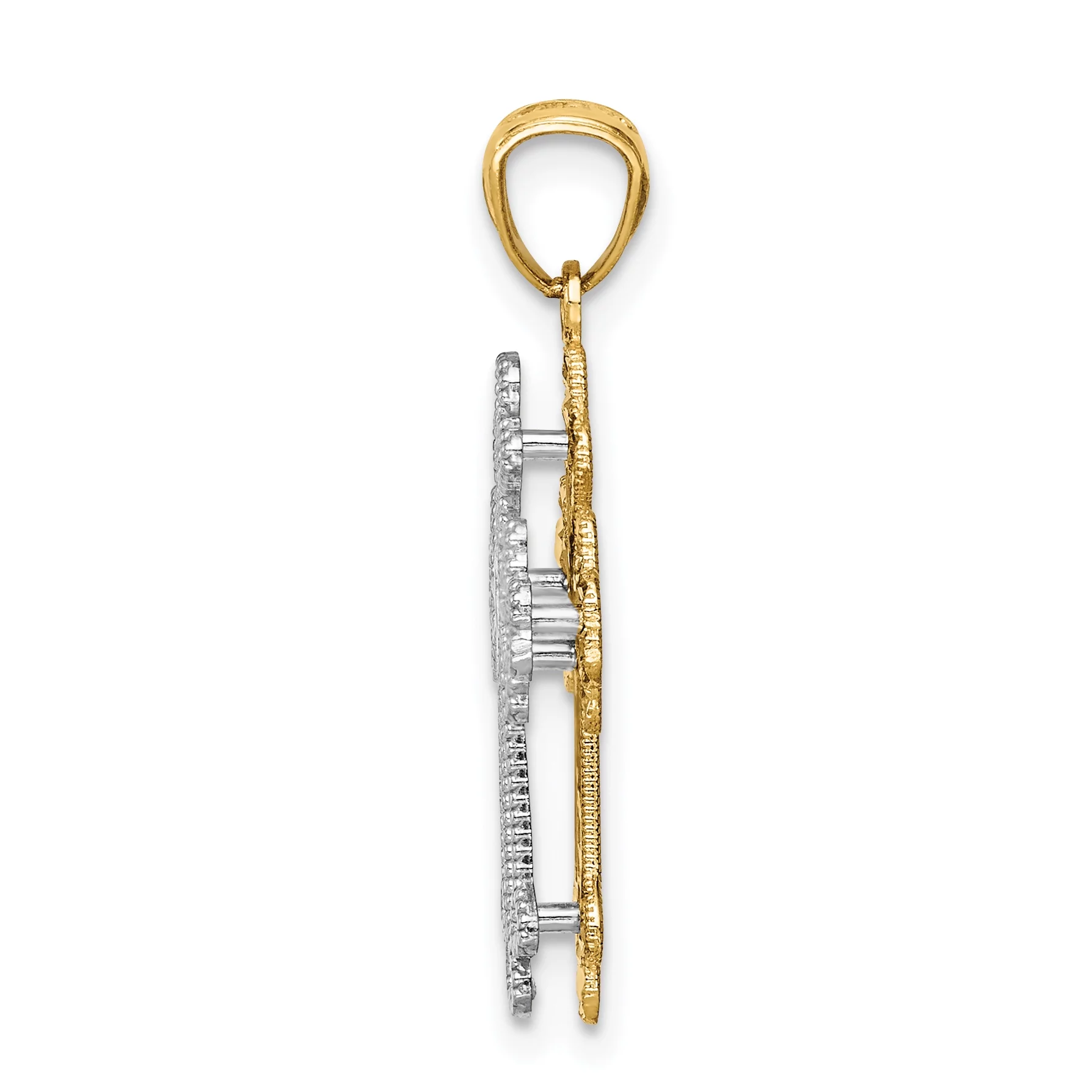 14K Two-Tone Gold Polished Filigree 2 Level Heart Cross Pendant (30 mm x 15 mm) With 10K Yellow Gold Lightweight Rope Chain 20