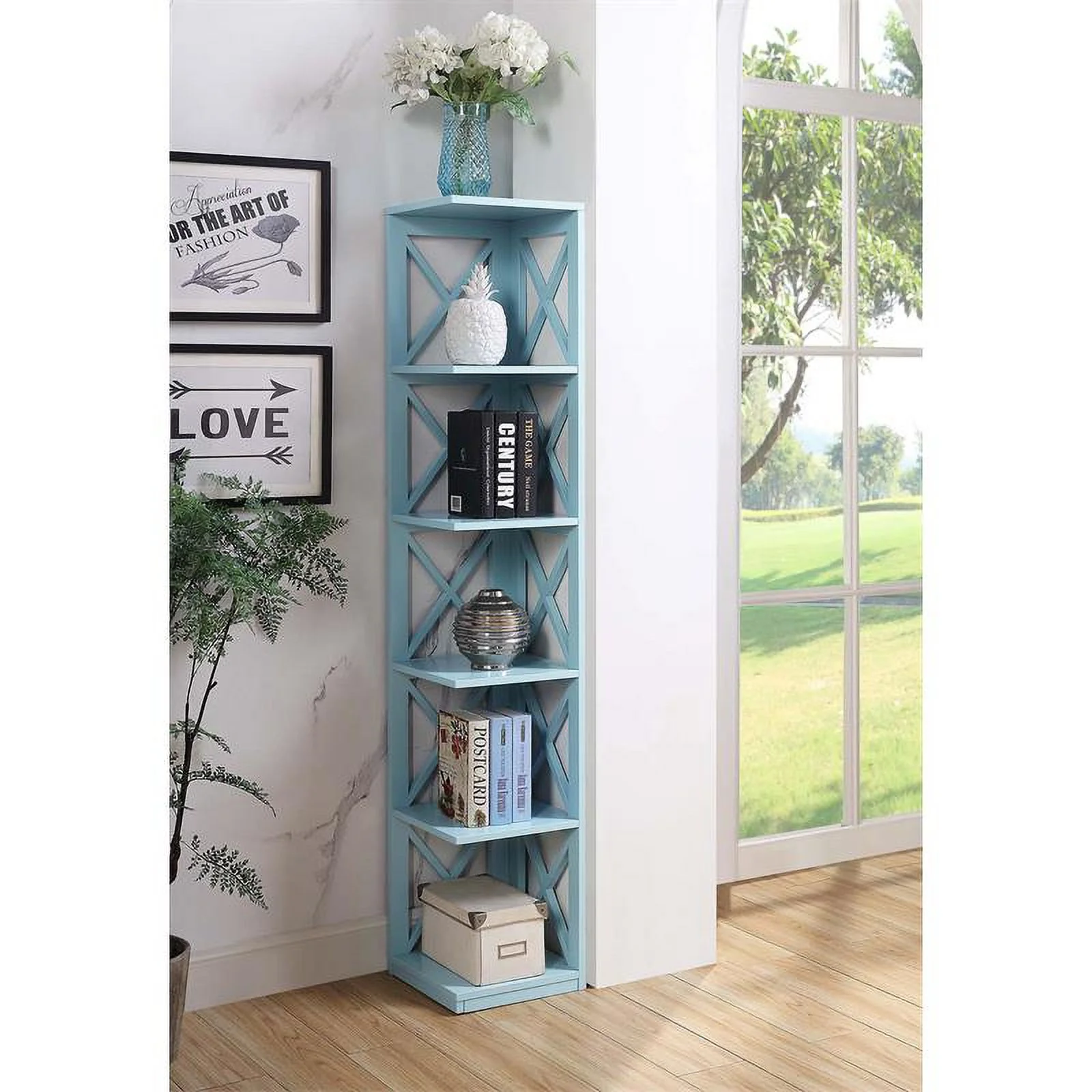 Pemberly Row Five-Tier Corner Bookcase in Seafoam Wood Finish
