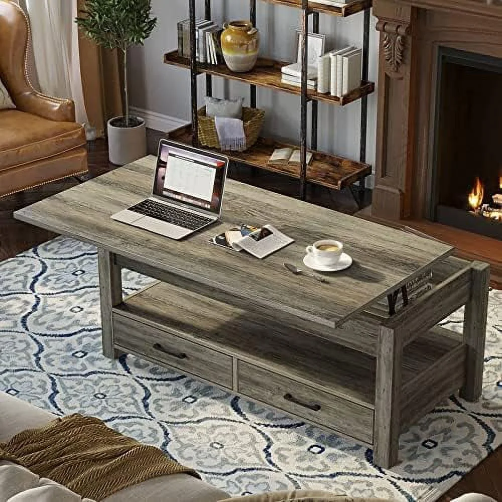 JDZHAPPYLIFE Coffee Table  47.2" Lift Top Coffee Table with Drawers and Hidden Compartment  Retro Central Table with Wooden Lift Tabletop  for Living Room  Rustic Brown