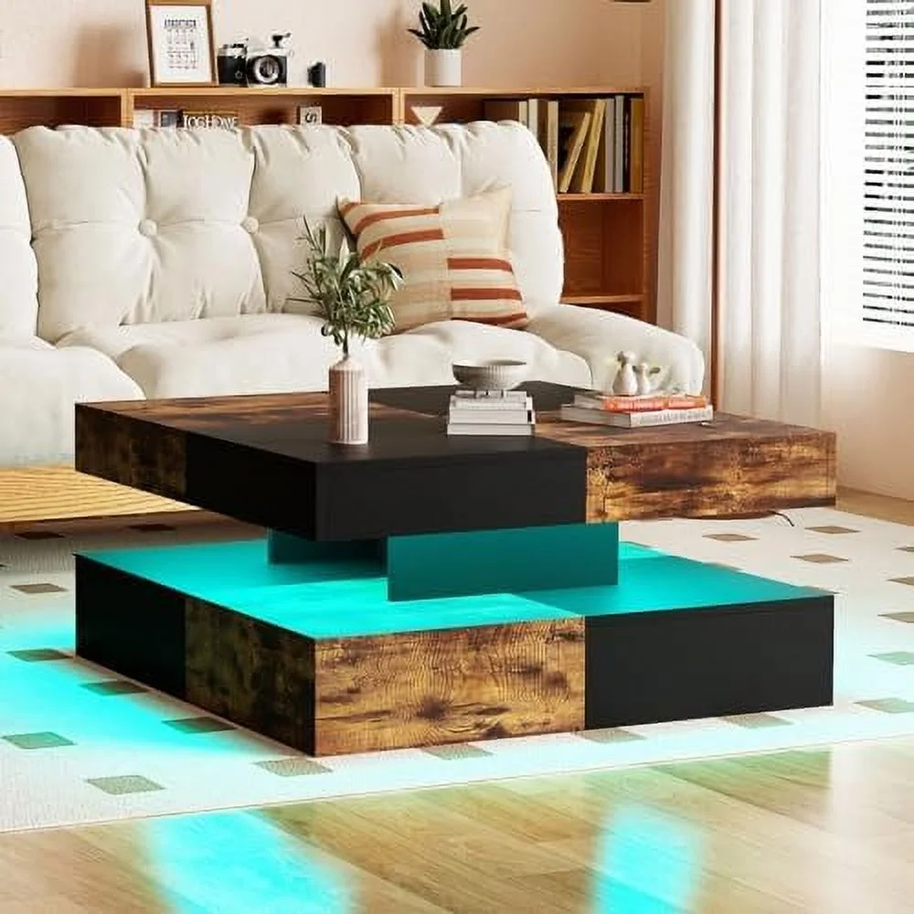 xrboomlife Black LED Coffee Table for Living Room  Wood Square 2-Tier  Modern Center Table  Glossy Contemporary Coffee Table with 16-Color LED Light  Cocktail Tea Table for Home Office Re