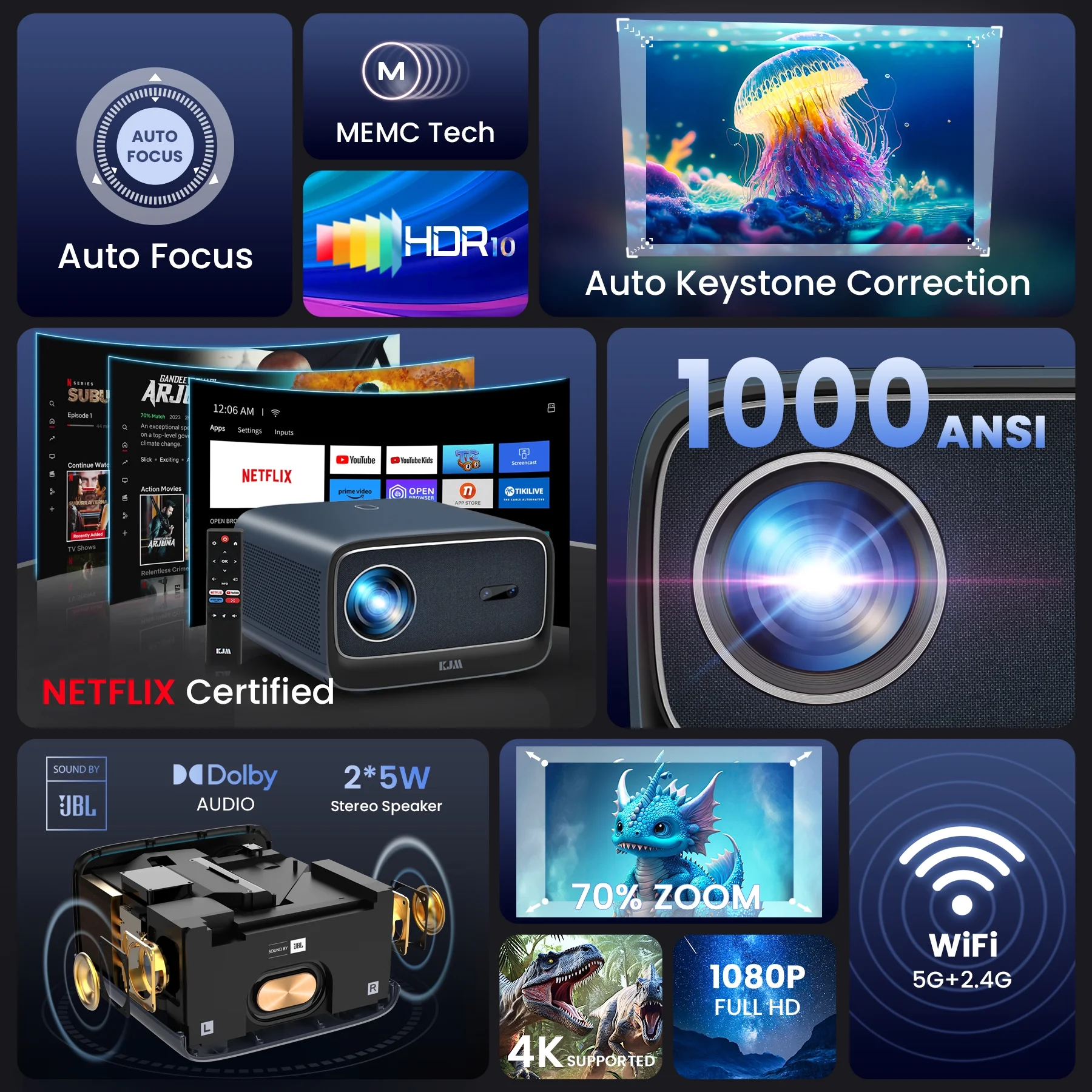 [Auto Focus/keystone]  WiFi Projector 4K with Netflix Officially-Licensed, KJM 1000 ANSI Native 1080P Video Projector with Bluetooth, Sound by JBL, Dolby Audio, Compatible with TV Stick, iOS, Android