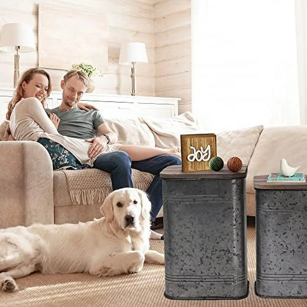 JYHOME Farmhouse    Rustic  Ottoman Seat Stool  Galvanized Antique Metal End  Box Bin with Square Wood Lid  Nesting Pieces Two (Square&Black)