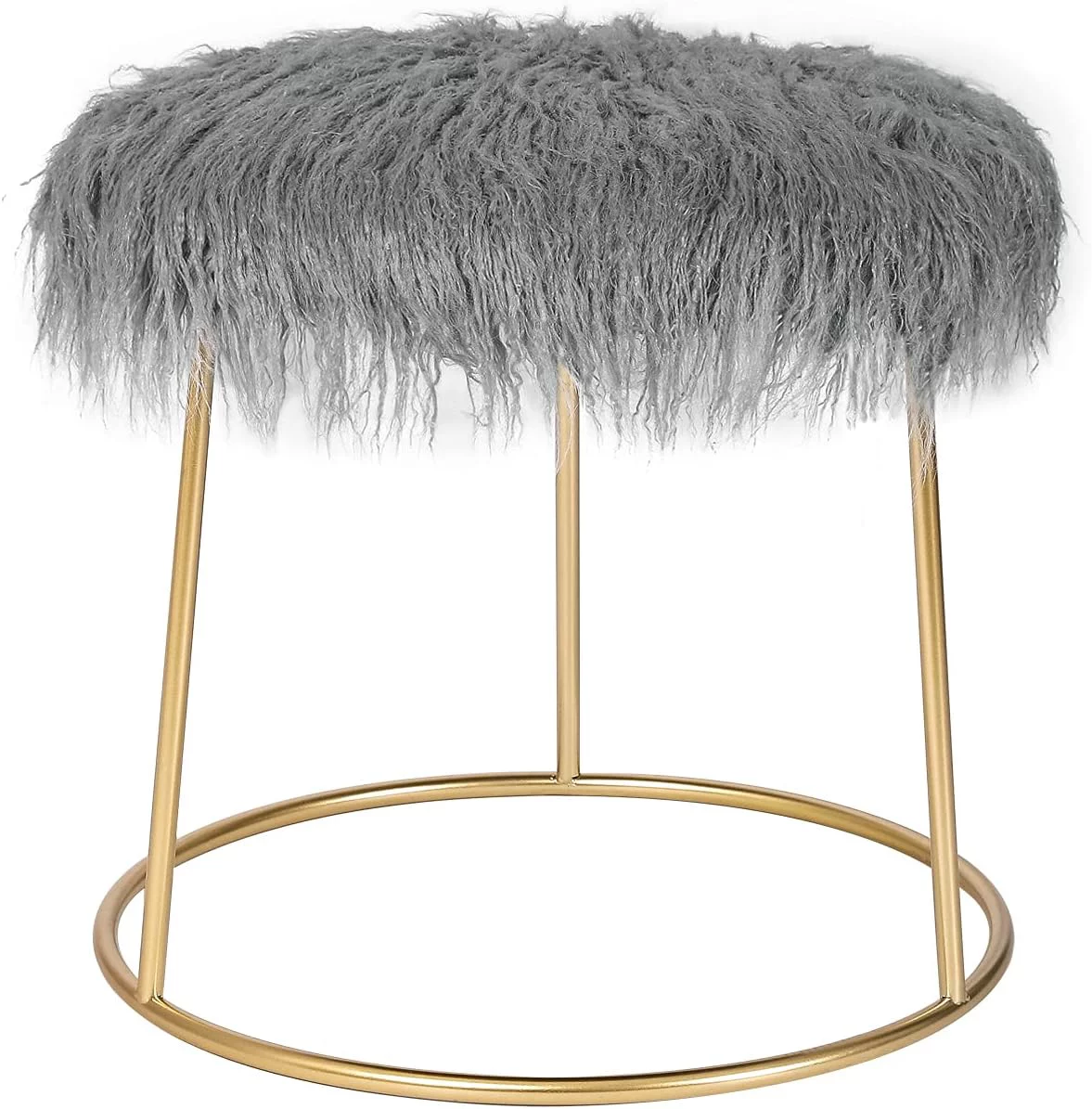Faux Fur Vanity Stool Chair Soft Furry Compact Padded Makeup Seat Metal Legs Upholstered Decorative Furniture Foot Rest