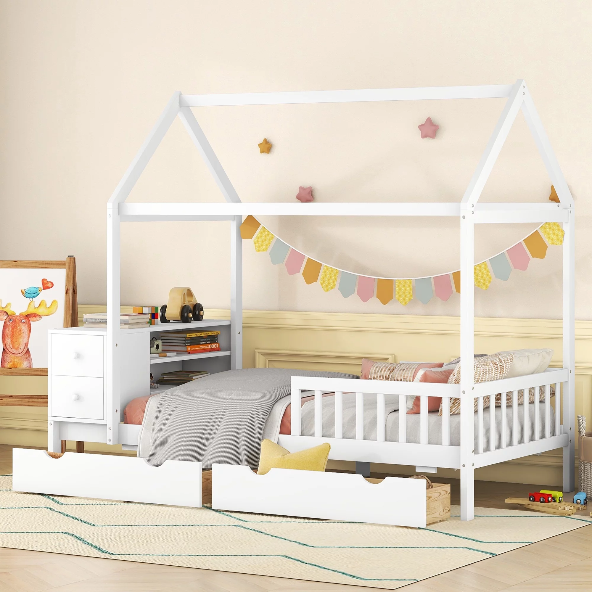 Bellemave Twin Size House Bed with Fence and Drawer Twin Storage Platform Bed with Built-in Desk Wooden House Bed with Wooden Slats Support for Kids, Teens, Boys, Girls, White