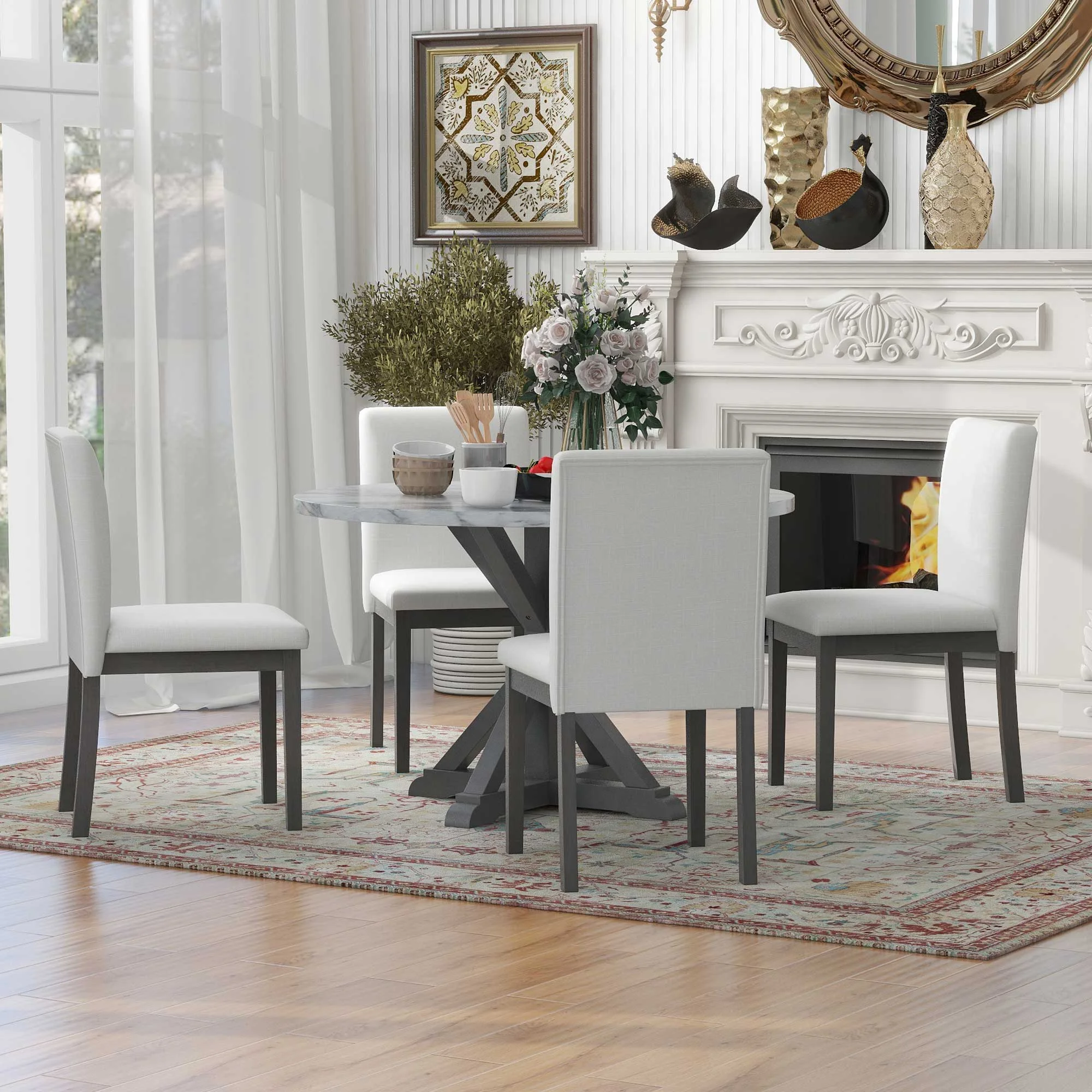 CoSoTower 5-Piece Farmhouse Style Dining Table Set, Marble Sticker and Cross Bracket Pedestal Dining Table, and 4 Upholstered Chairs (White+Gray)