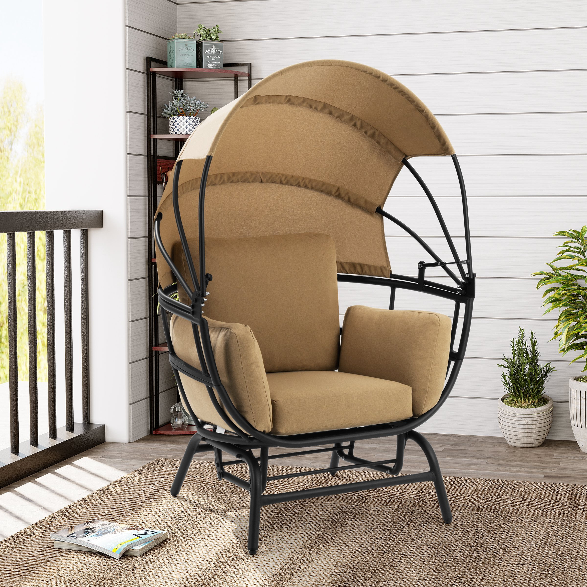 Pellebant Outdoor Indoor Patio Rocking Wicker Egg Chair with Cushion and Pillow,  Brown