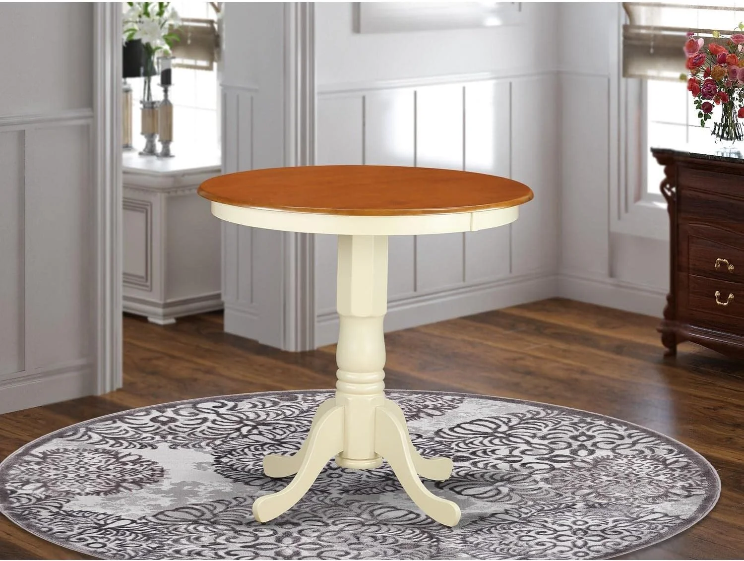 Jackson Counter Height Dining Round Dinner Table Top With Pedestal Base, 36X36 Inch, Buttermilk & Cherry