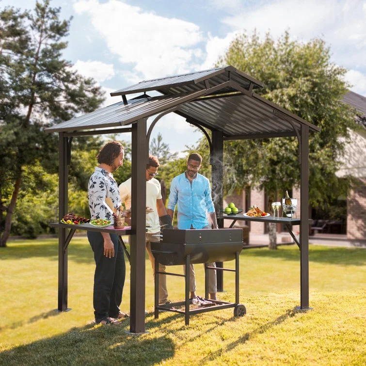 Domi Outdoor Living Aluminum BBQ Gazebo Outdoor Metal Frame with Shelves Serving Tables, Permanent Double Roof Hardtop Gazebos for Patio Lawn Deck Backyard, and Garden (Dark Brown)