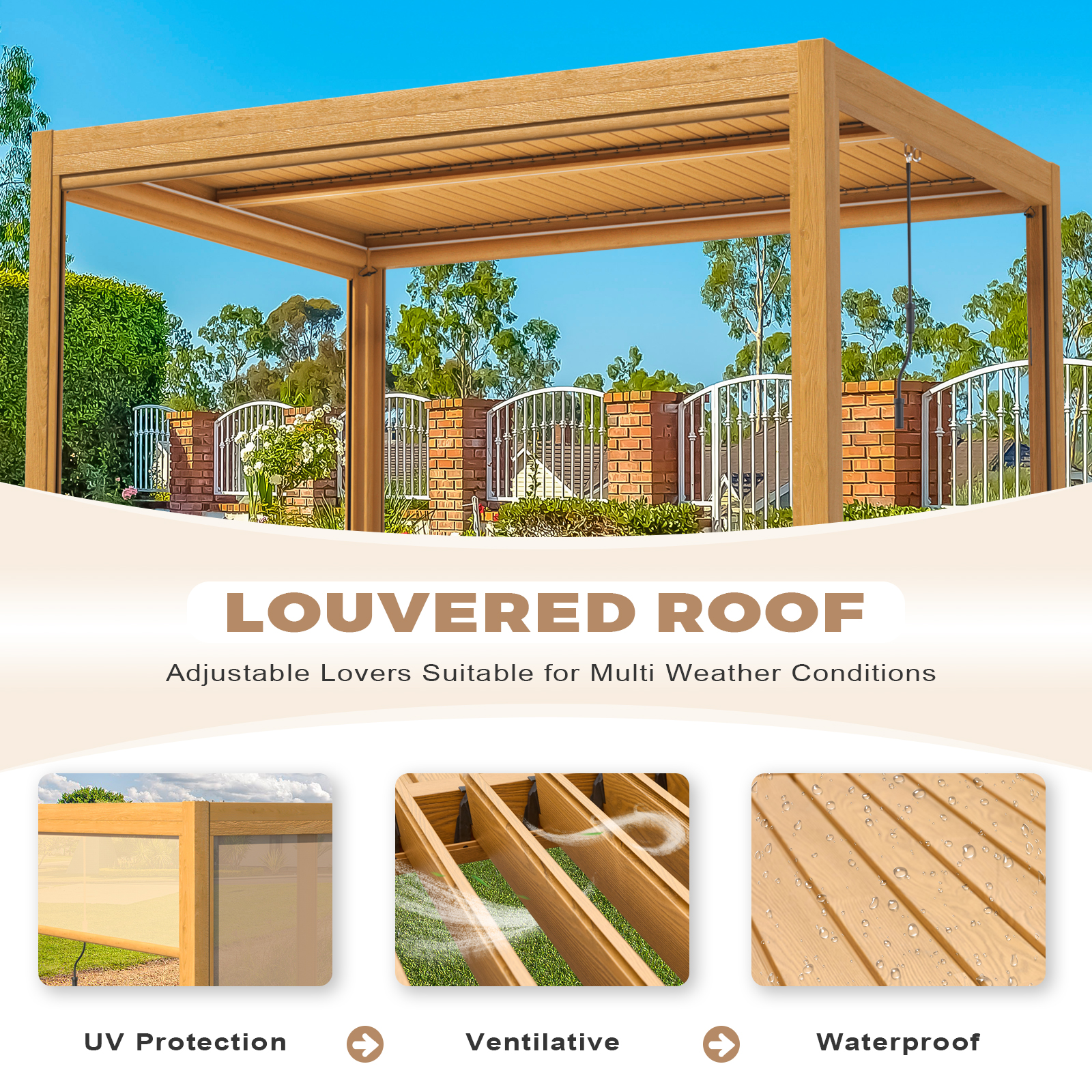 Richryce 10 ft. x 13 ft. Outdoor Louvered Pergola, Patio Pergola with with Auto Adjustable Aluminum Rainproof Roof， Wood