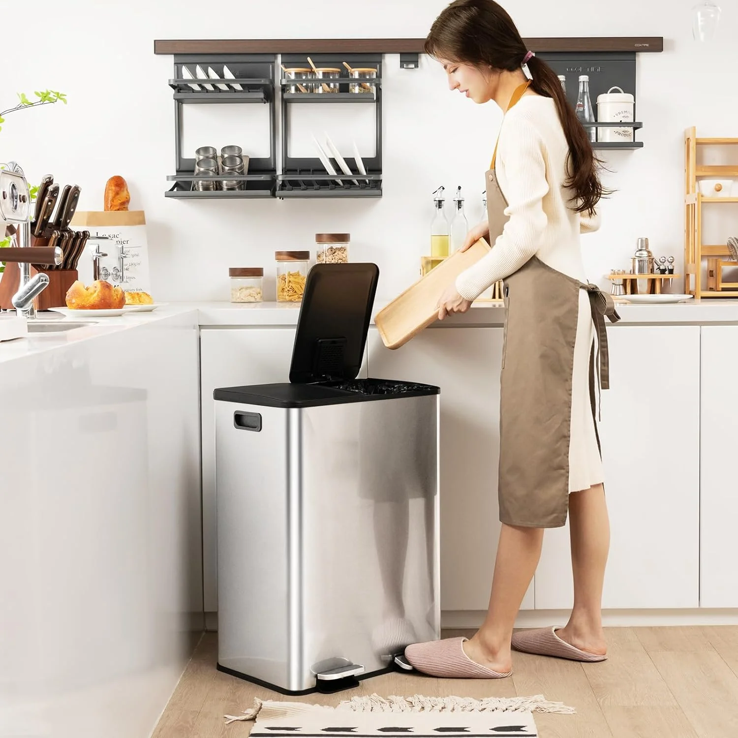 YiSHOP  Kitchen Trash Cans Dual Compartment, 2 x 8 Gal Garbage Can W/2 Deodorizer Compartments, Soft Close Lids & Removable Buckets, Brushed Stainless Steel Step Trash Bin for Kitchen Bathroom