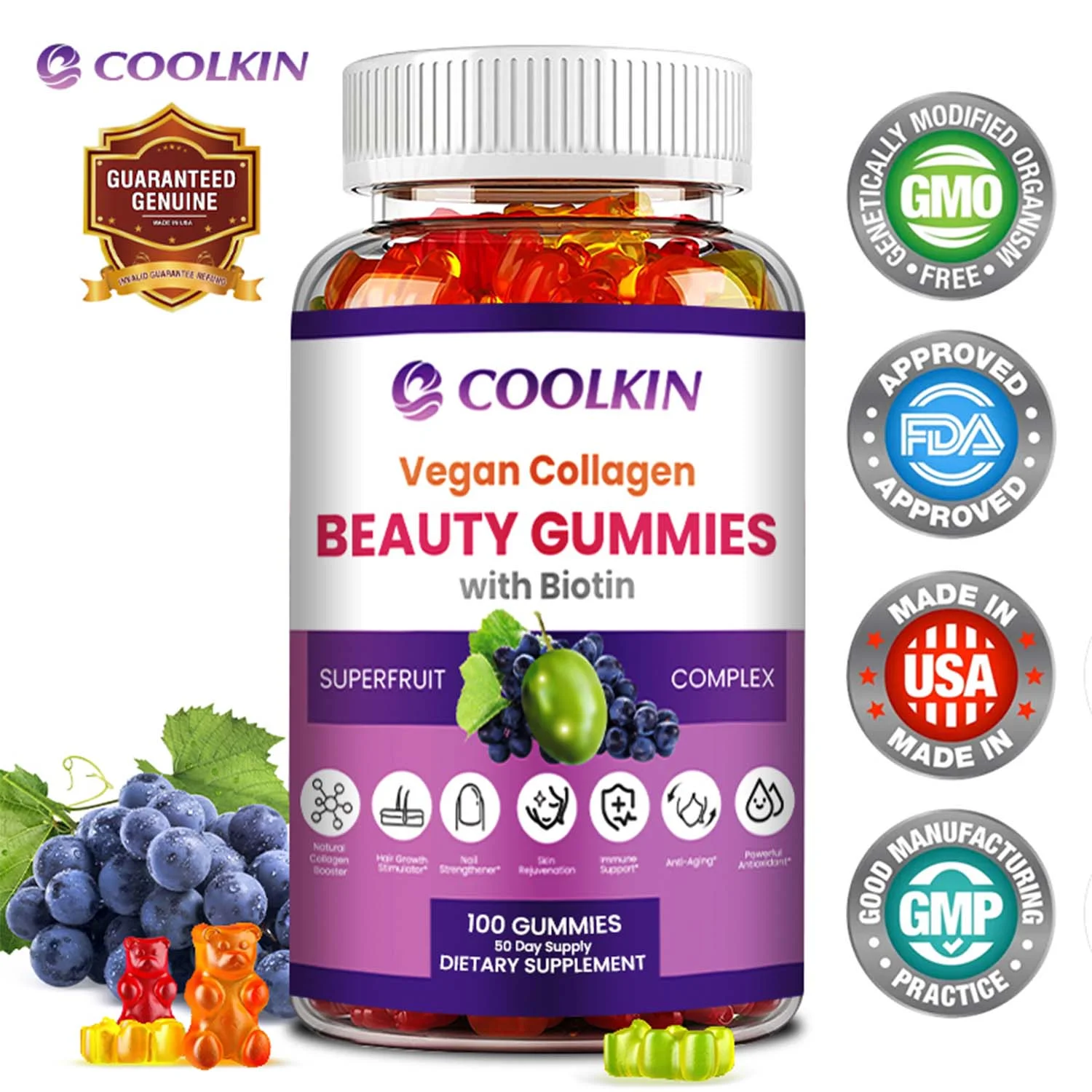 Coolkin Vegan Collagen BEAUTY GUMMIES - with Biotin - Supports Hair, Skin, Nail Health(30/60/100pcs)