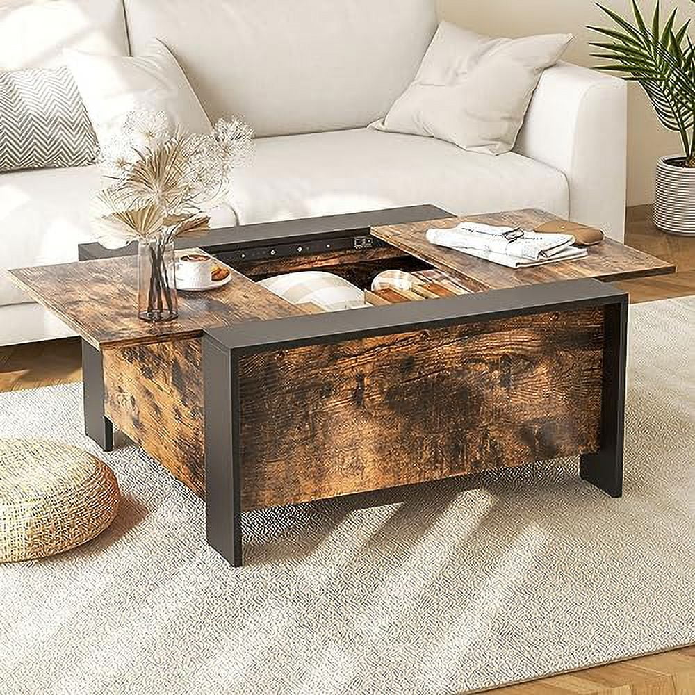 TJUNBOLIFE Square Farmhouse Coffee Table with Hidden   Wood Center Table with Sliding Top  5 Support Feet  Rustic Extendable Cocktail Table for Living Room Office (Grey  Retro)