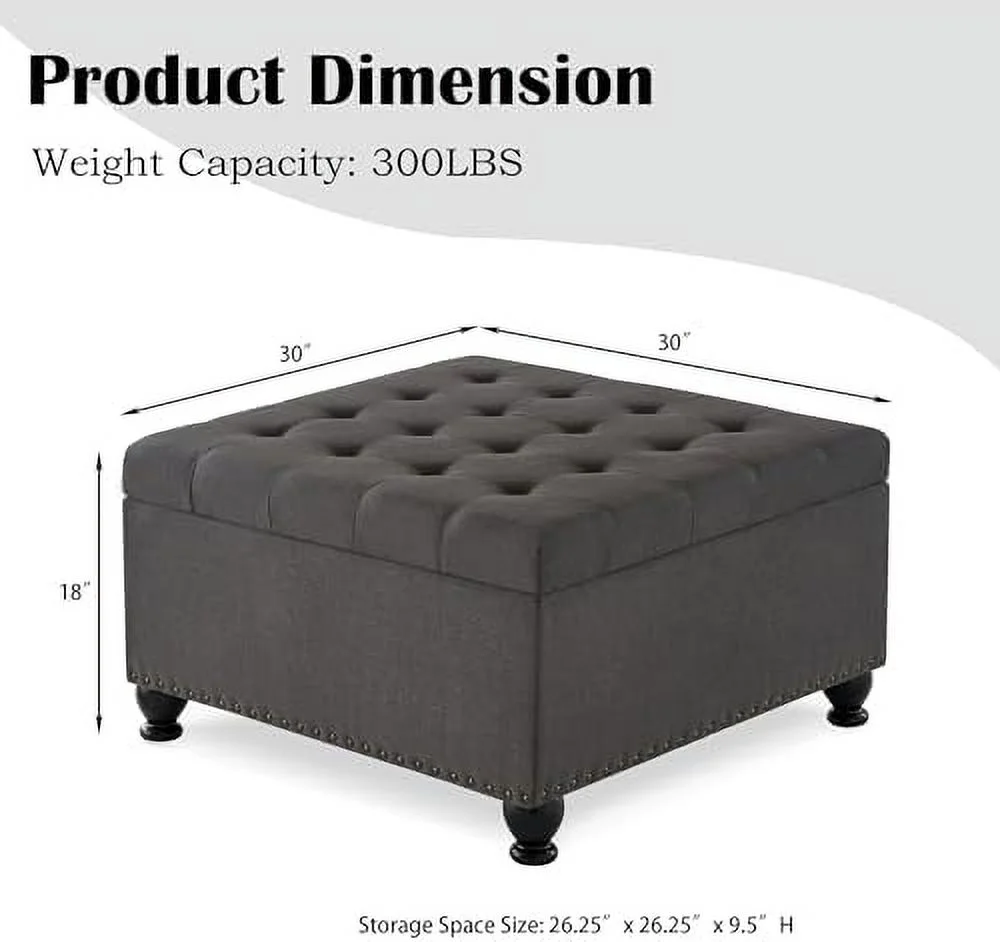 HYHBIBOOM 30 Inch Large Square Ottoman with   Upholstered Button Tufted Linen Fabric Footrest with Nail Trims  Coffee Table with Wooden Legs for Living Room  Entryway  Bedroom  Sand